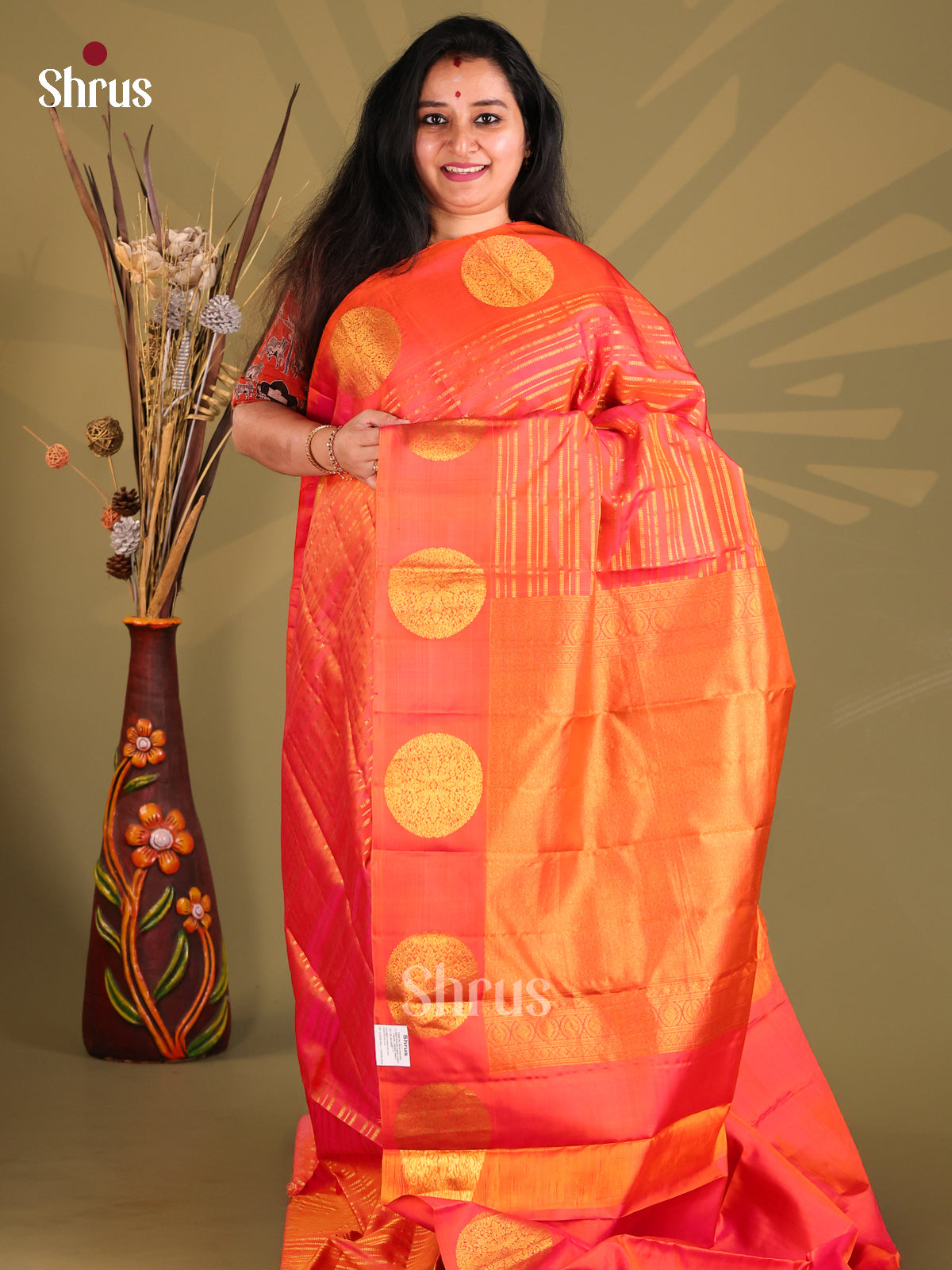 Radiant Orange Kanchipuram silk Saree with zari stripes , mandela motifs in border - Shop on Shrus.com