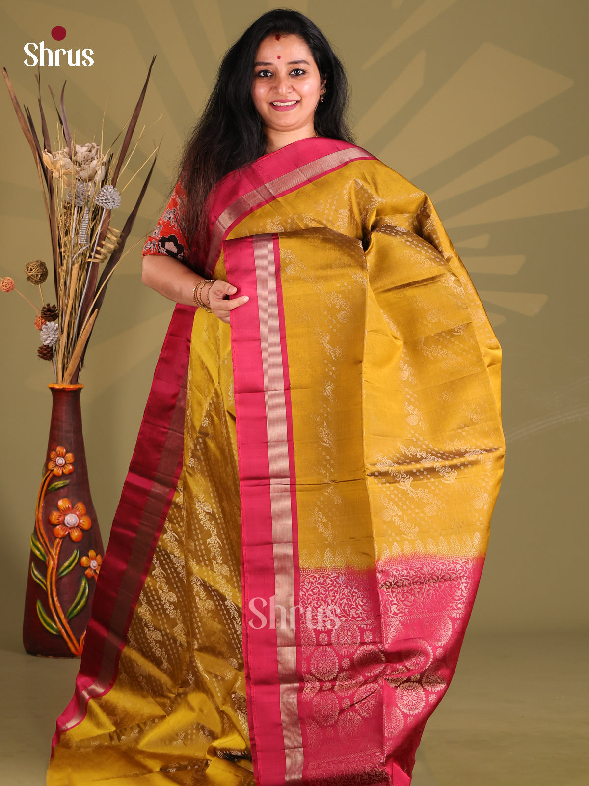 Glorious Mustard Soft Silk Saree with diagonal zari floral vines stripes-1