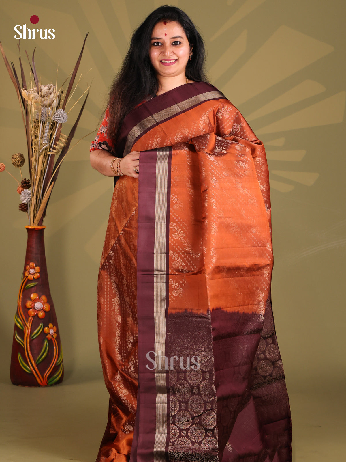 Beautiful Rust & Brown Soft Silk Saree with zari diagonal stripes