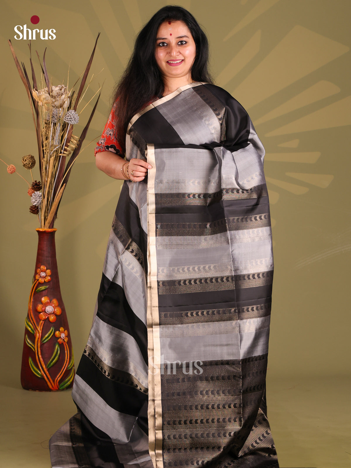 Gorgeous Black & Grey Soft Silk Saree with brocade pallu-1