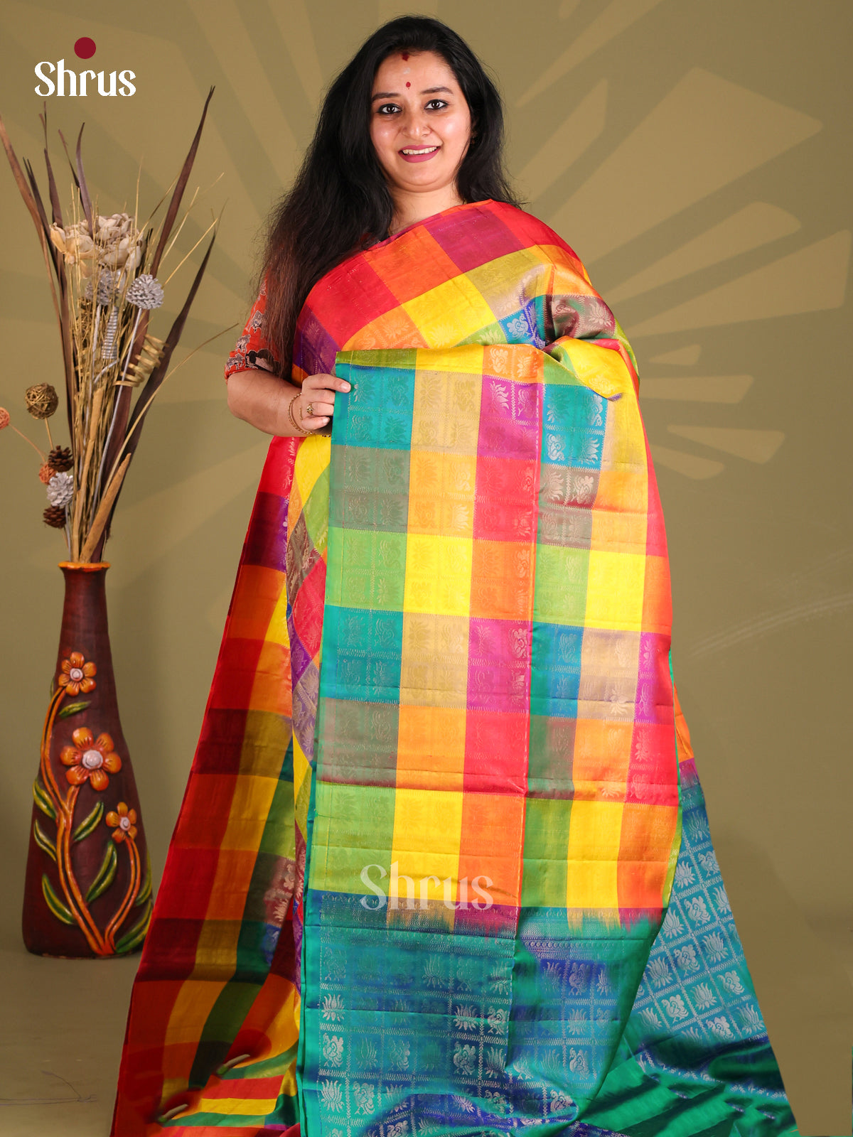 Multicolored kattam Soft Silk Saree with floral , peacock motifs