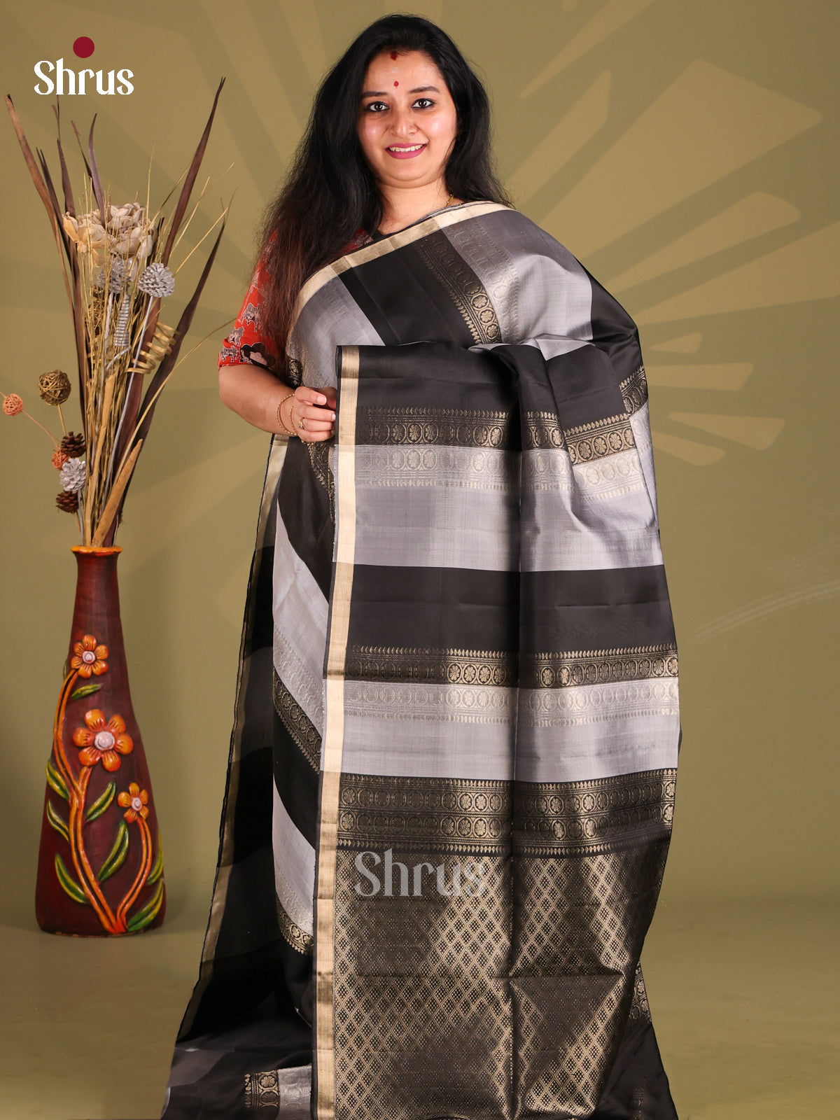 Black & Grey Soft Silk Saree with zari floral vines strapes