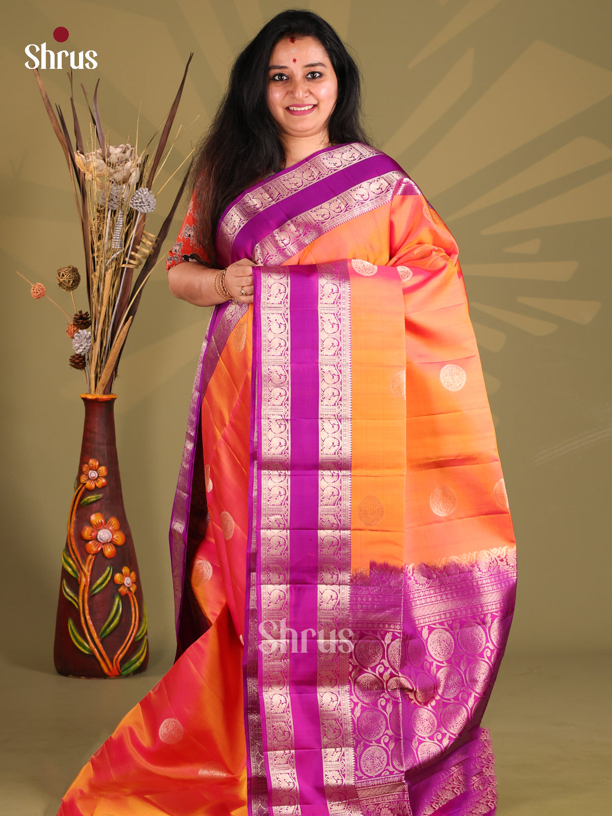 Radiant Orange & Purple Soft Silk Saree with rettaipet zari border