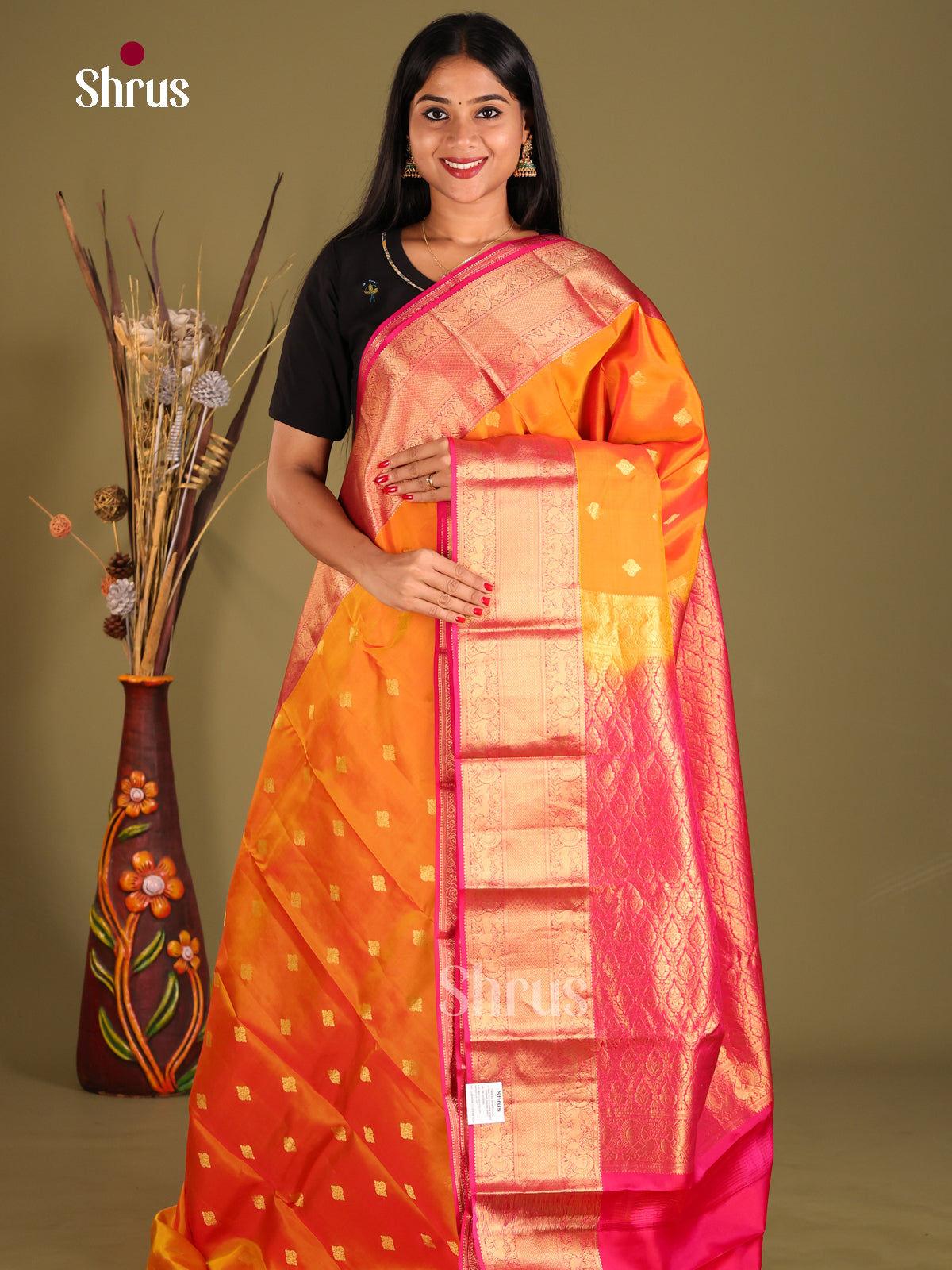 Orange & Pink - Kanchipuram-halfpure Saree