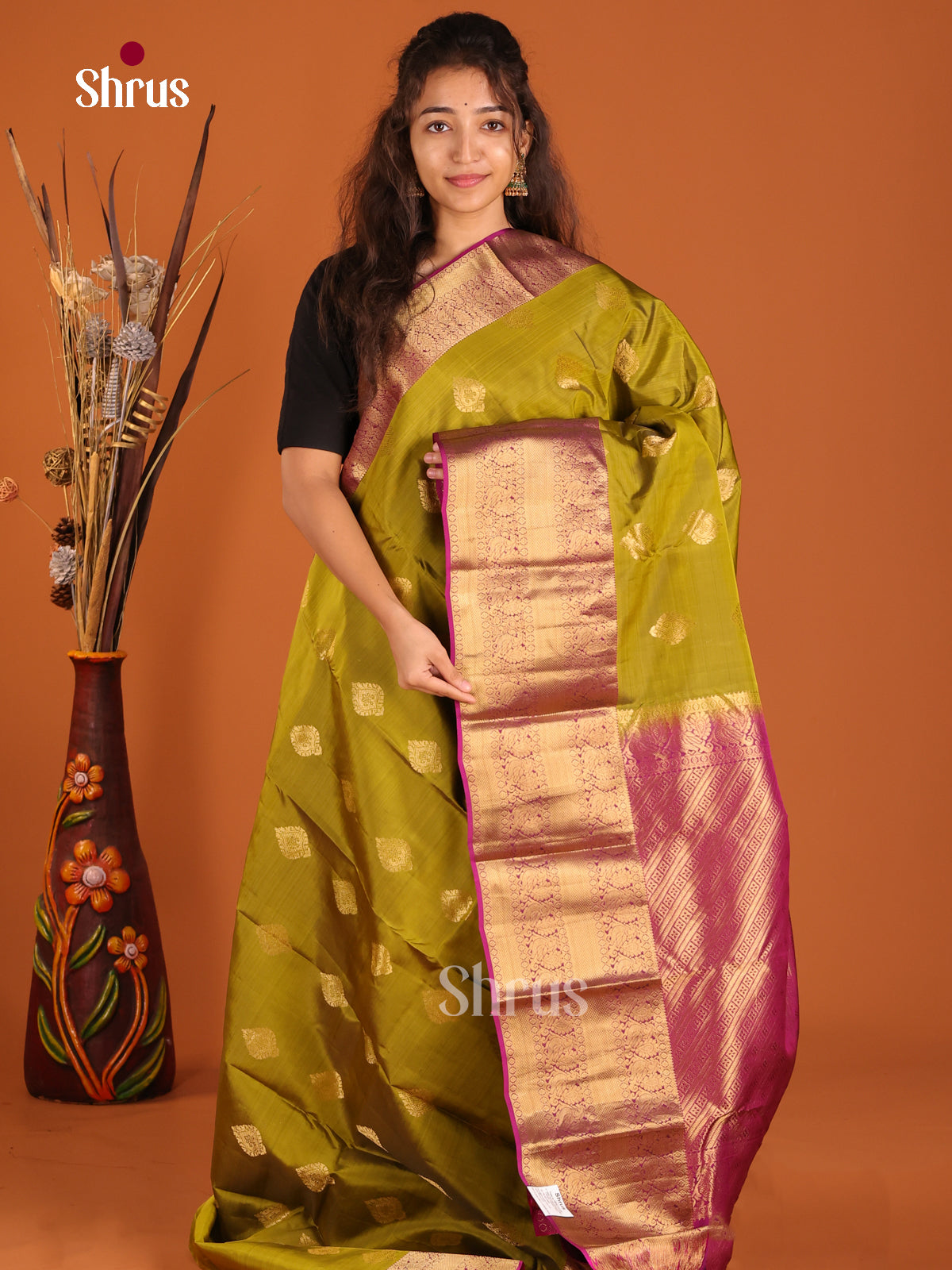Mehandi Green & Purple - Kanchipuram-halfpure Saree - Shop on Shrus.com