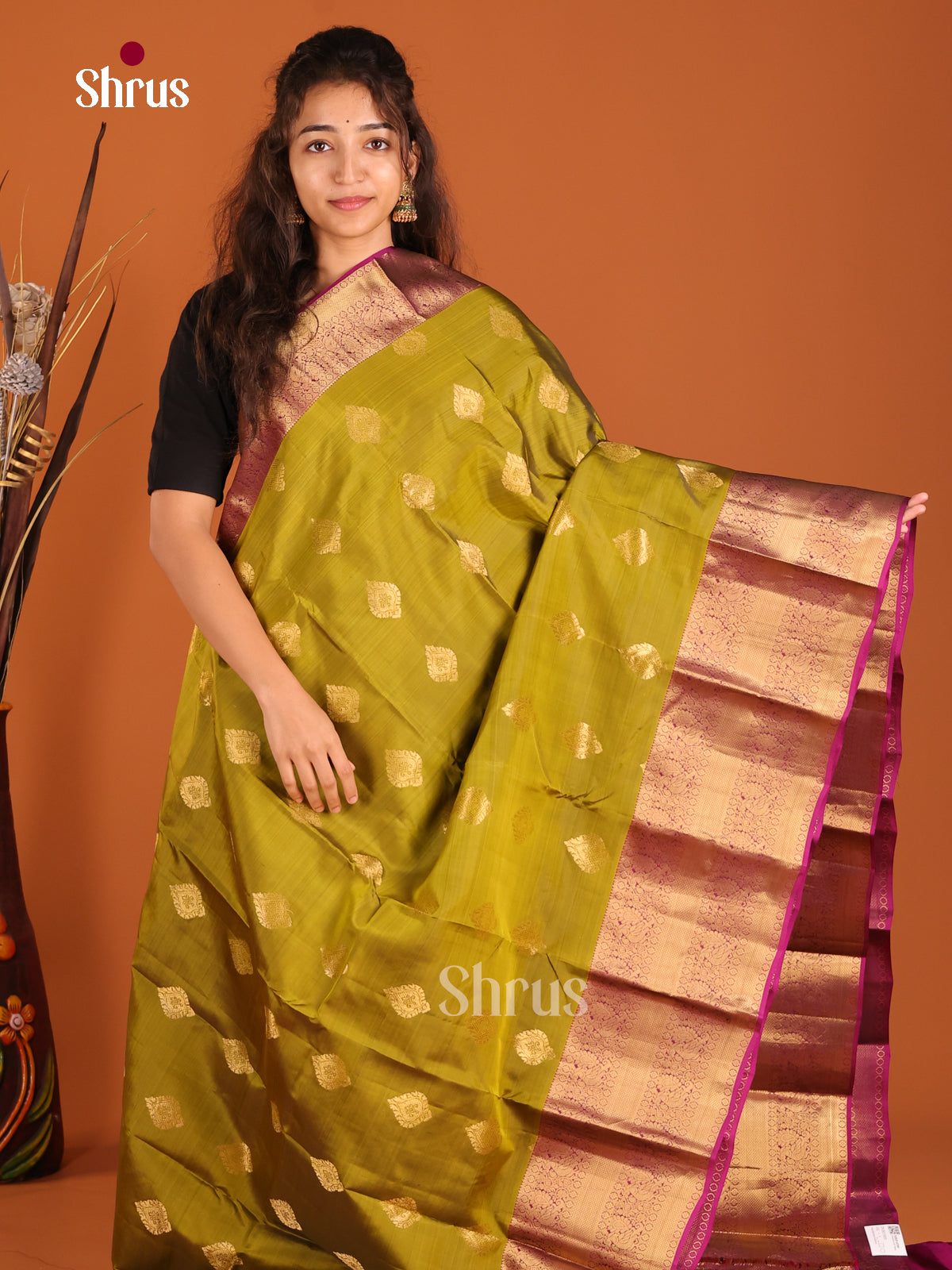 Mehandi Green & Purple - Kanchipuram-halfpure Saree - Shop on Shrus.com