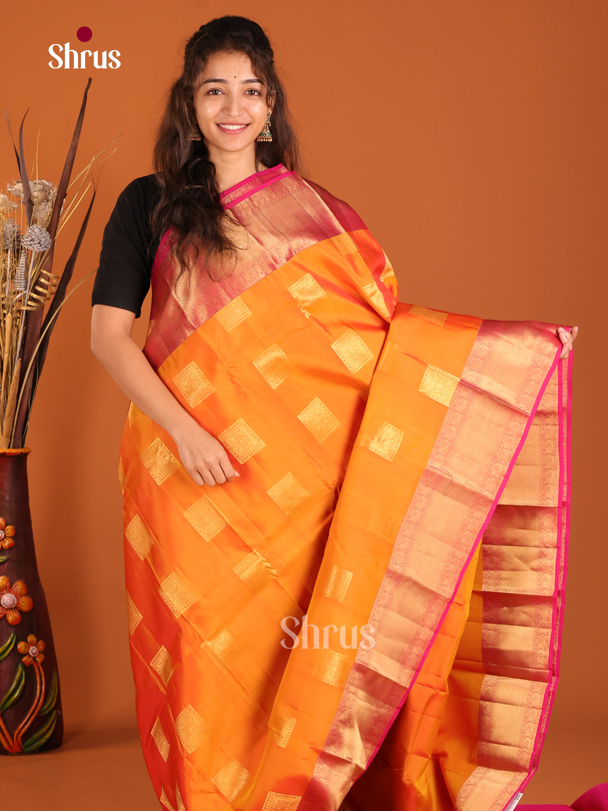 Orange & Pink - Kanchipuram-halfpure Saree - Shop on Shrus.com