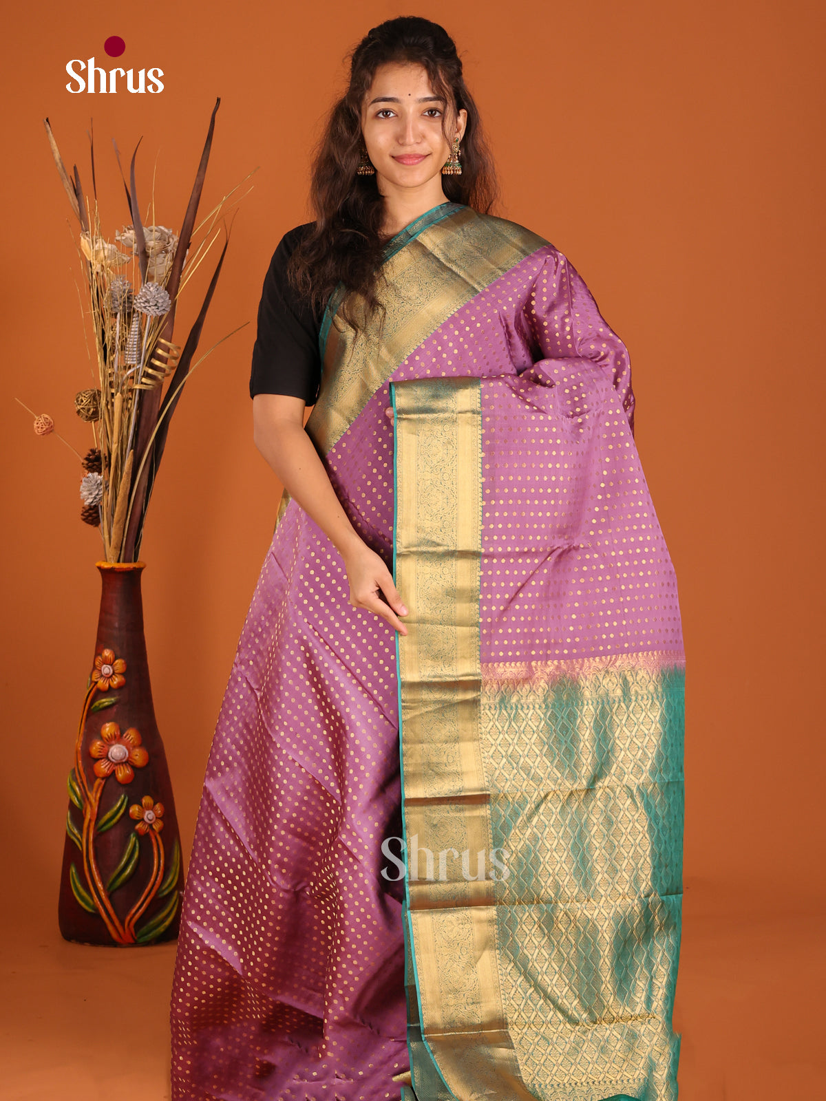 Lavender & Green - Kanchipuram-halfpure Saree - Shop on Shrus.com