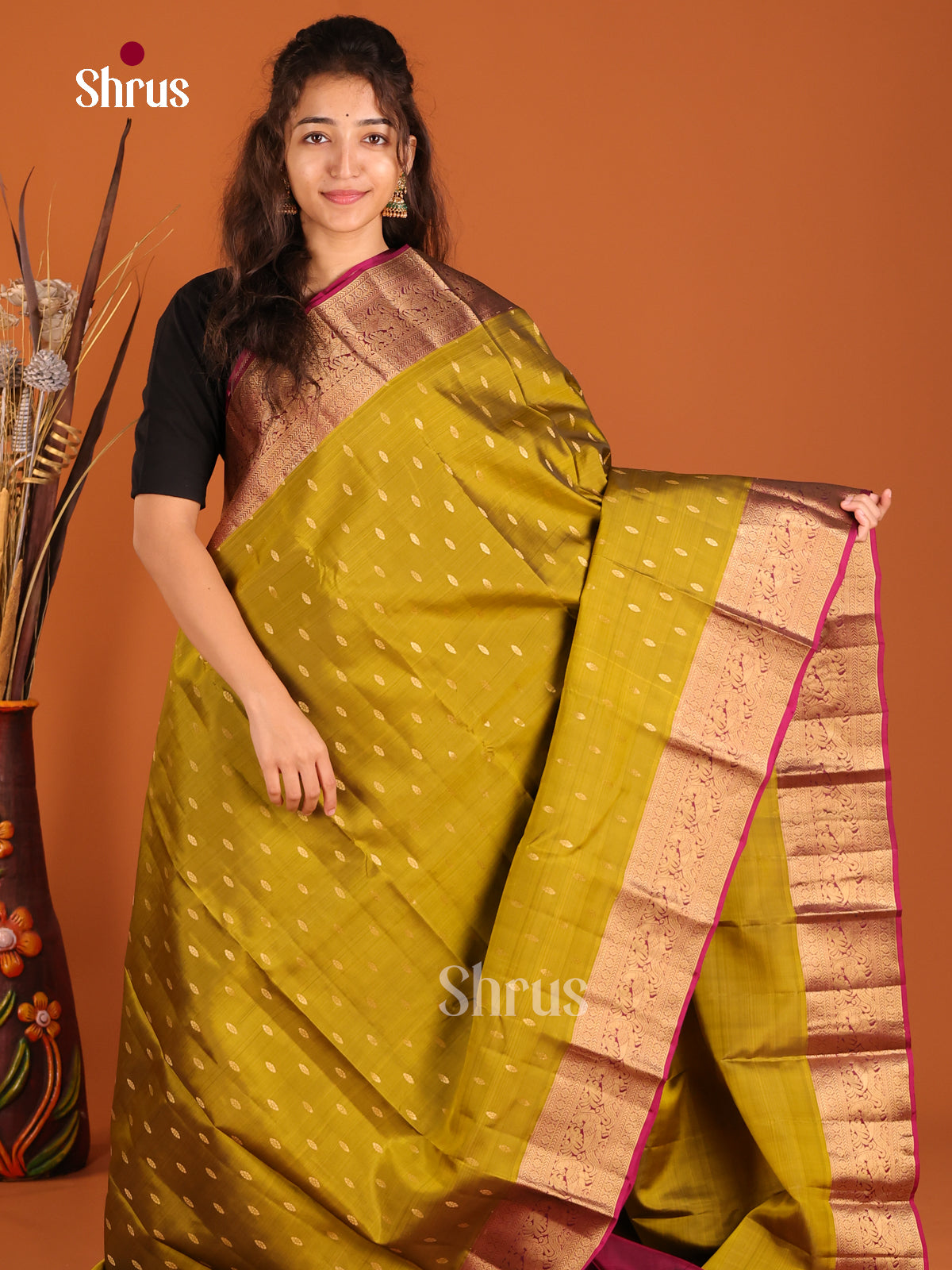 Mehandi Green & Maroon- Kanchipuram-halfpure Saree - Shop on Shrus.com