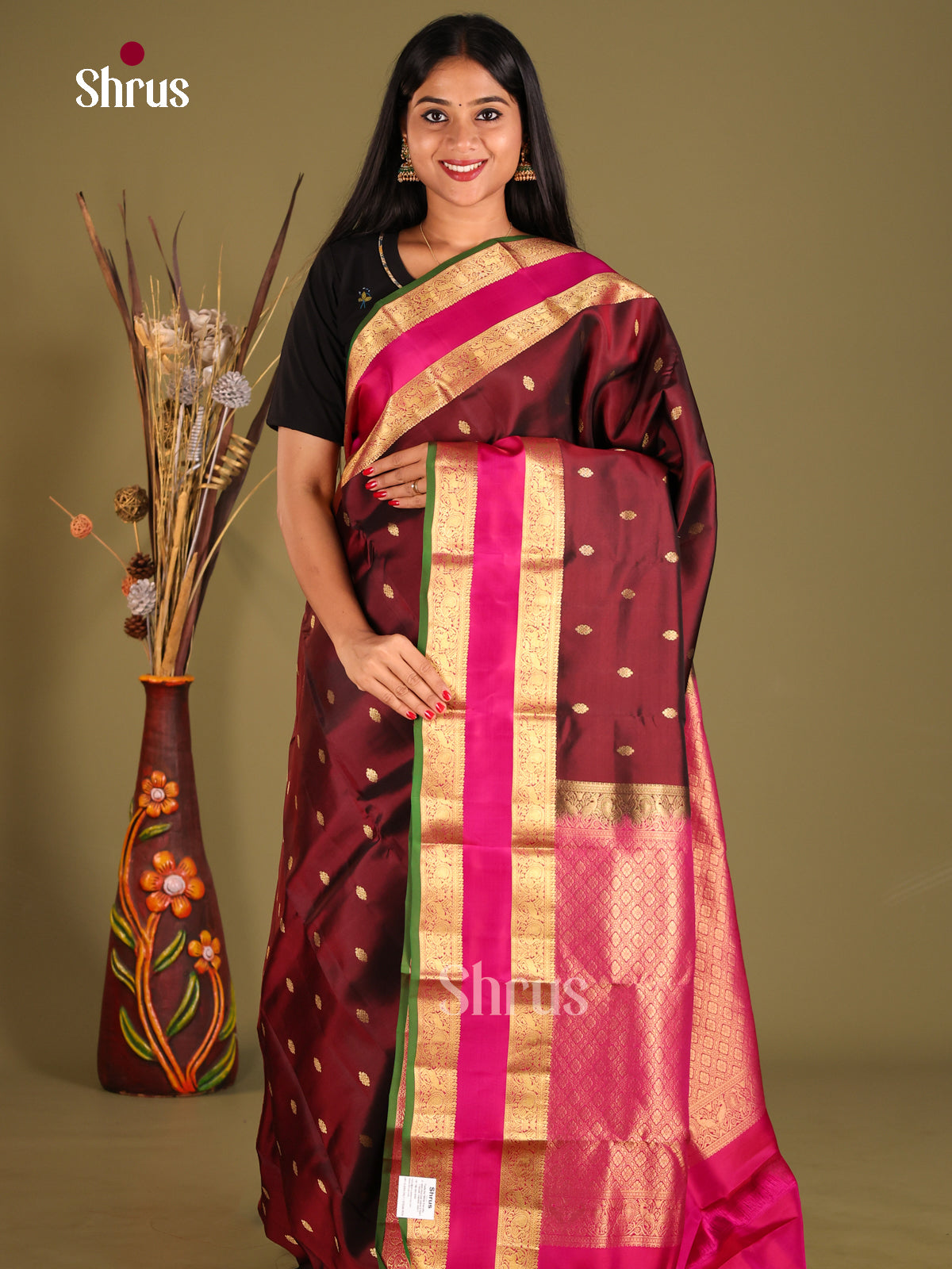 Maroon & Pink - Kanchipuram-halfpure Saree - Shop on Shrus.com