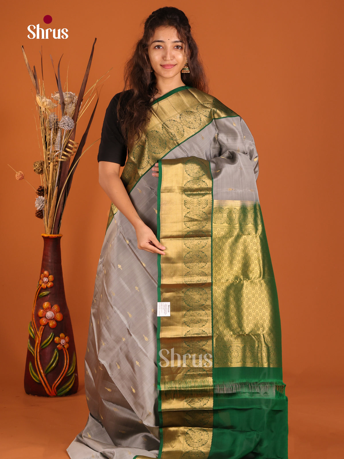 Grey & Green - Kanchipuram-halfpure Saree - Shop on Shrus.com