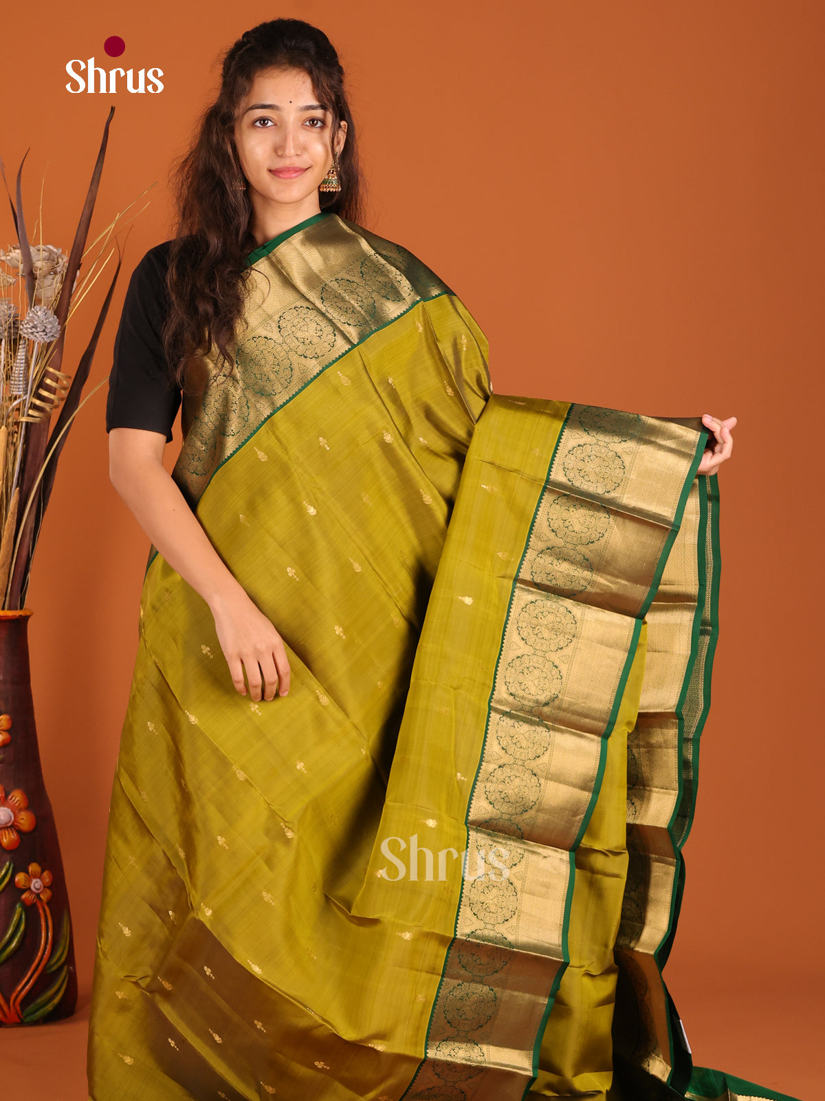 Mehandi Green & Green - Kanchipuram-halfpure Saree - Shop on Shrus.com