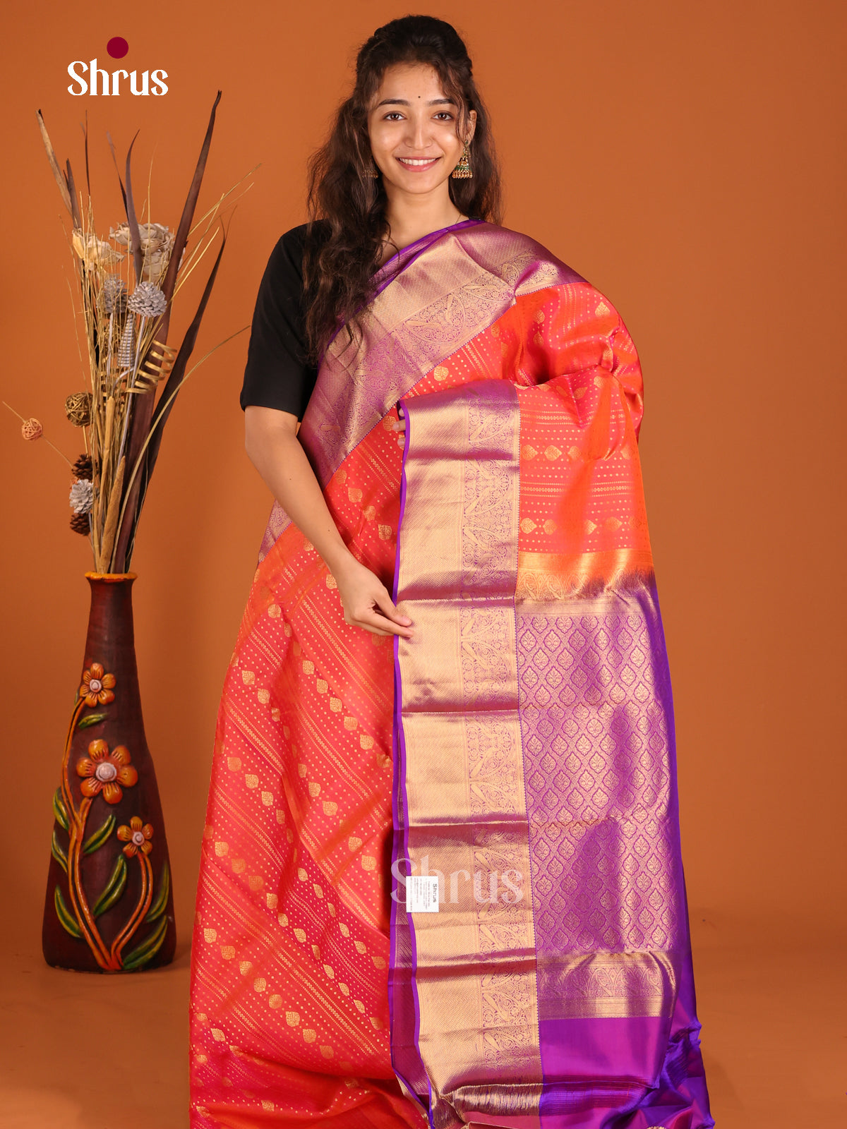 Orange & Majenta - Kanchipuram-halfpure Saree