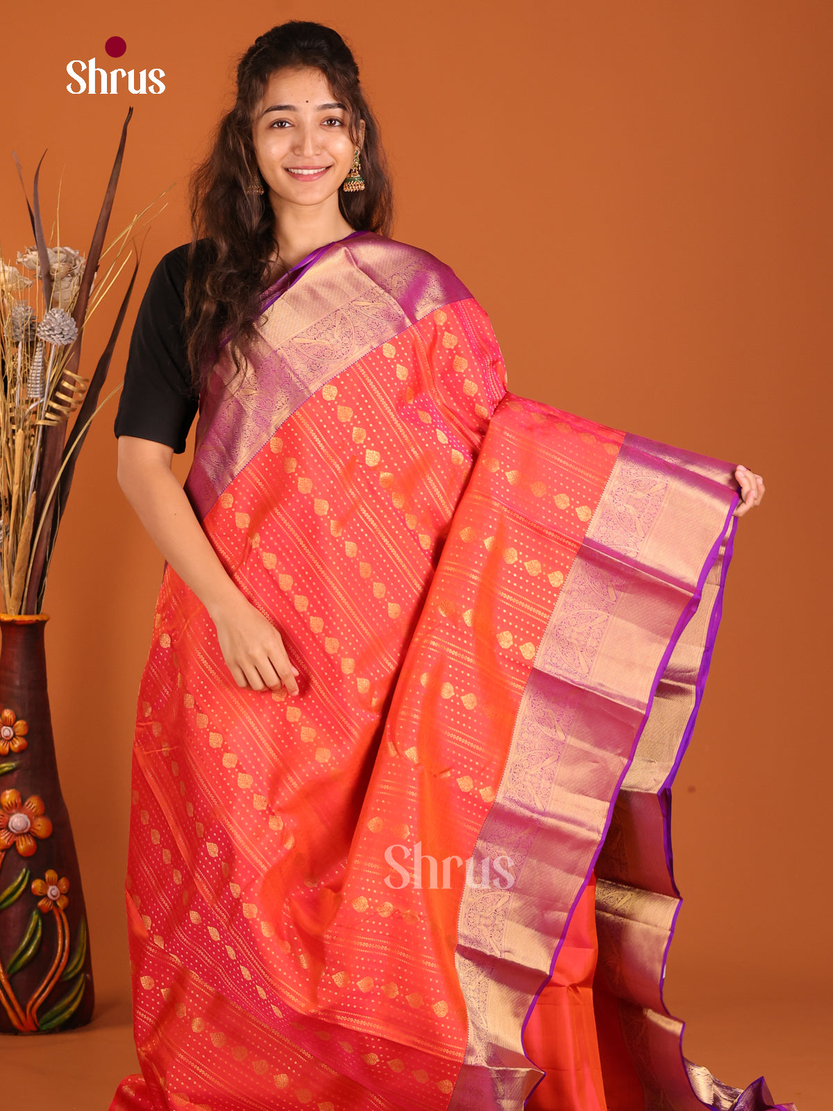 Orange & Majenta - Kanchipuram-halfpure Saree
