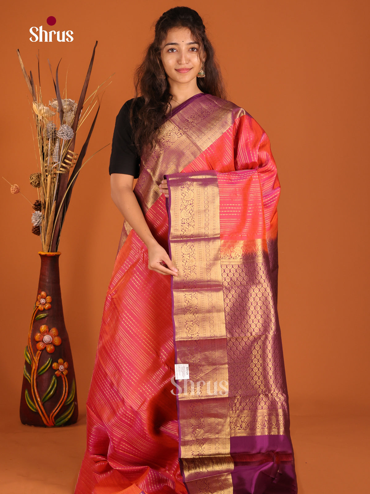 Orangish Pink & Purple - Kanchipuram-halfpure Saree - Shop on Shrus.com