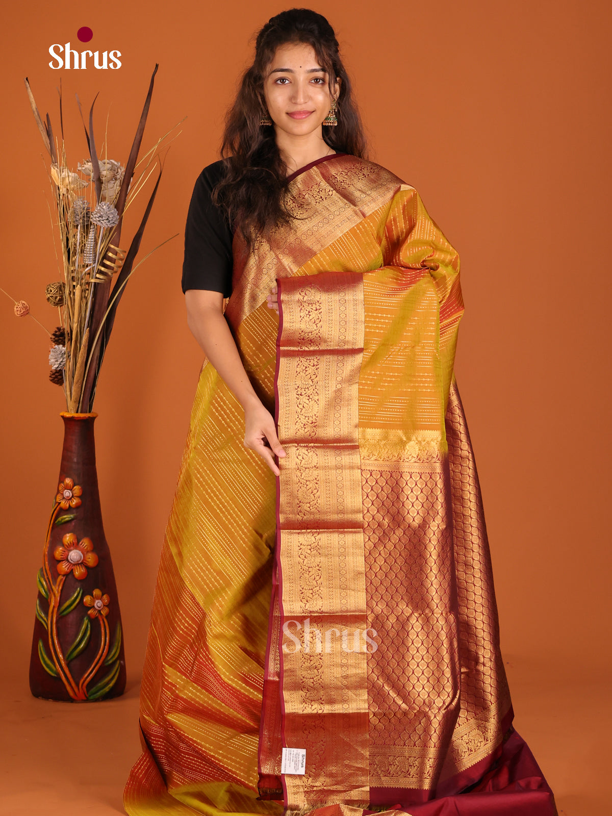 Mustard & Maroon - Kanchipuram-halfpure Saree - Shop on Shrus.com
