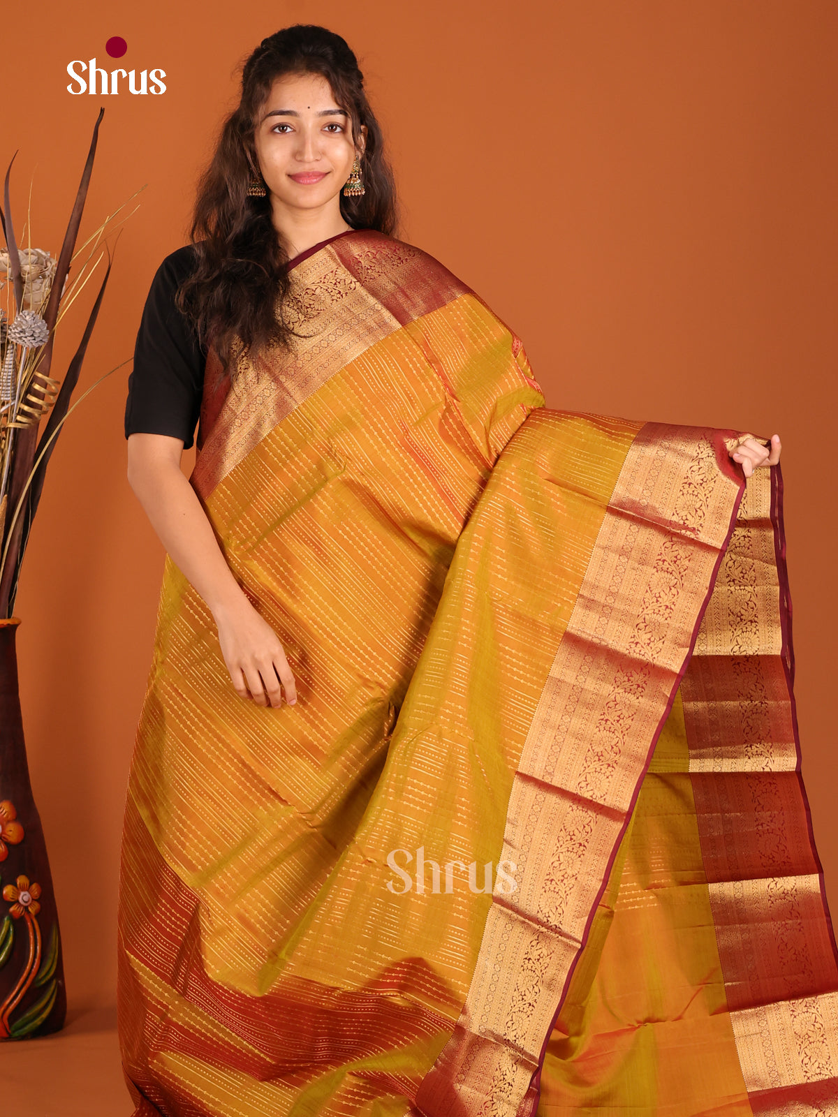 Mustard & Maroon - Kanchipuram-halfpure Saree - Shop on Shrus.com