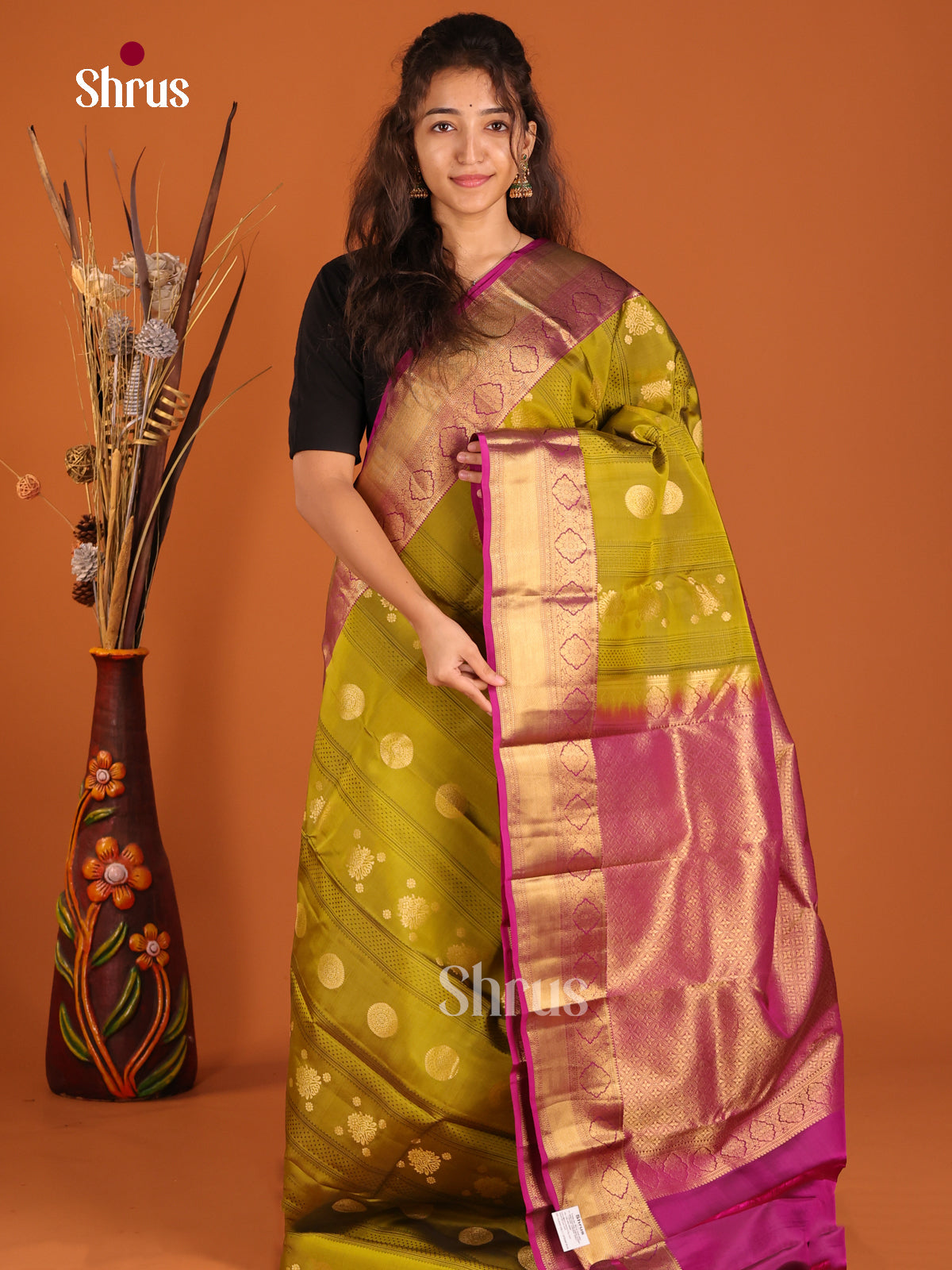 Mehandi Green & Purple - Kanchipuram-halfpure Saree - Shop on Shrus.com