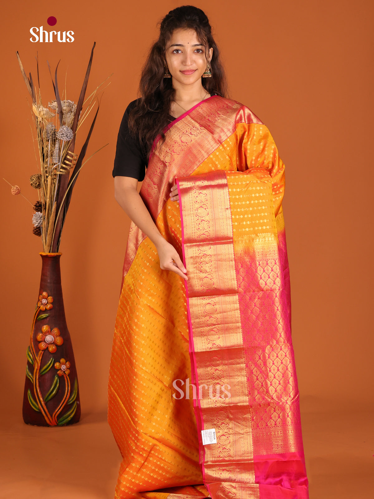 Orange & Pink - Kanchipuram-halfpure Saree - Shop on Shrus.com