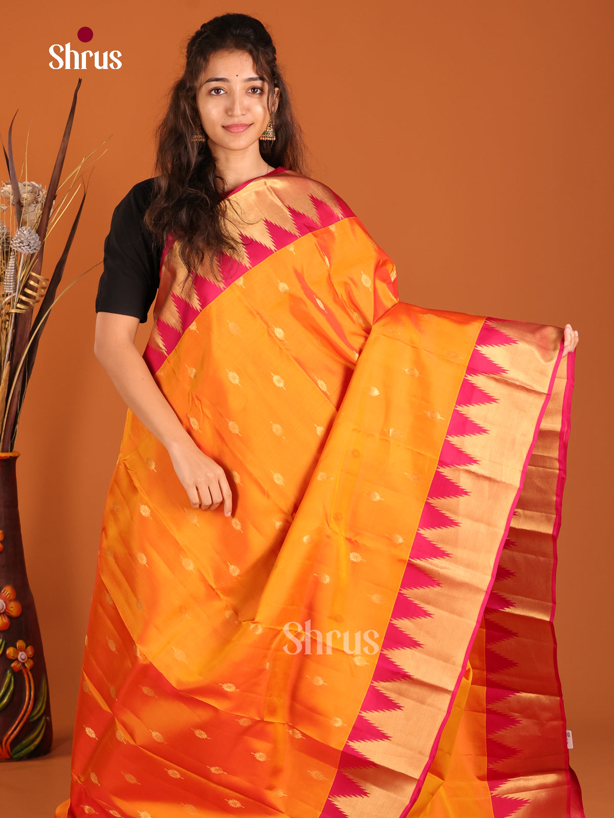 Orange & Pink - Kanchipuram-halfpure Saree - Shop on Shrus.com
