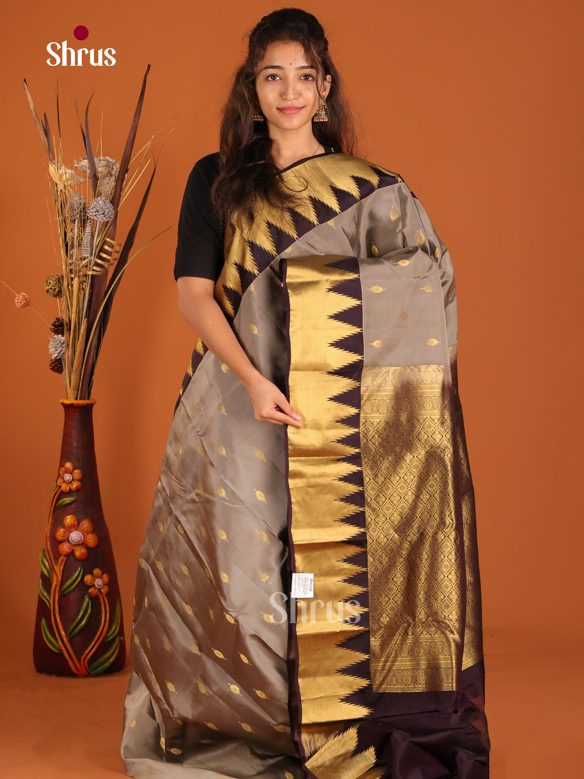 Grey & Brown - Kanchipuram-halfpure Saree - Shop on Shrus.com