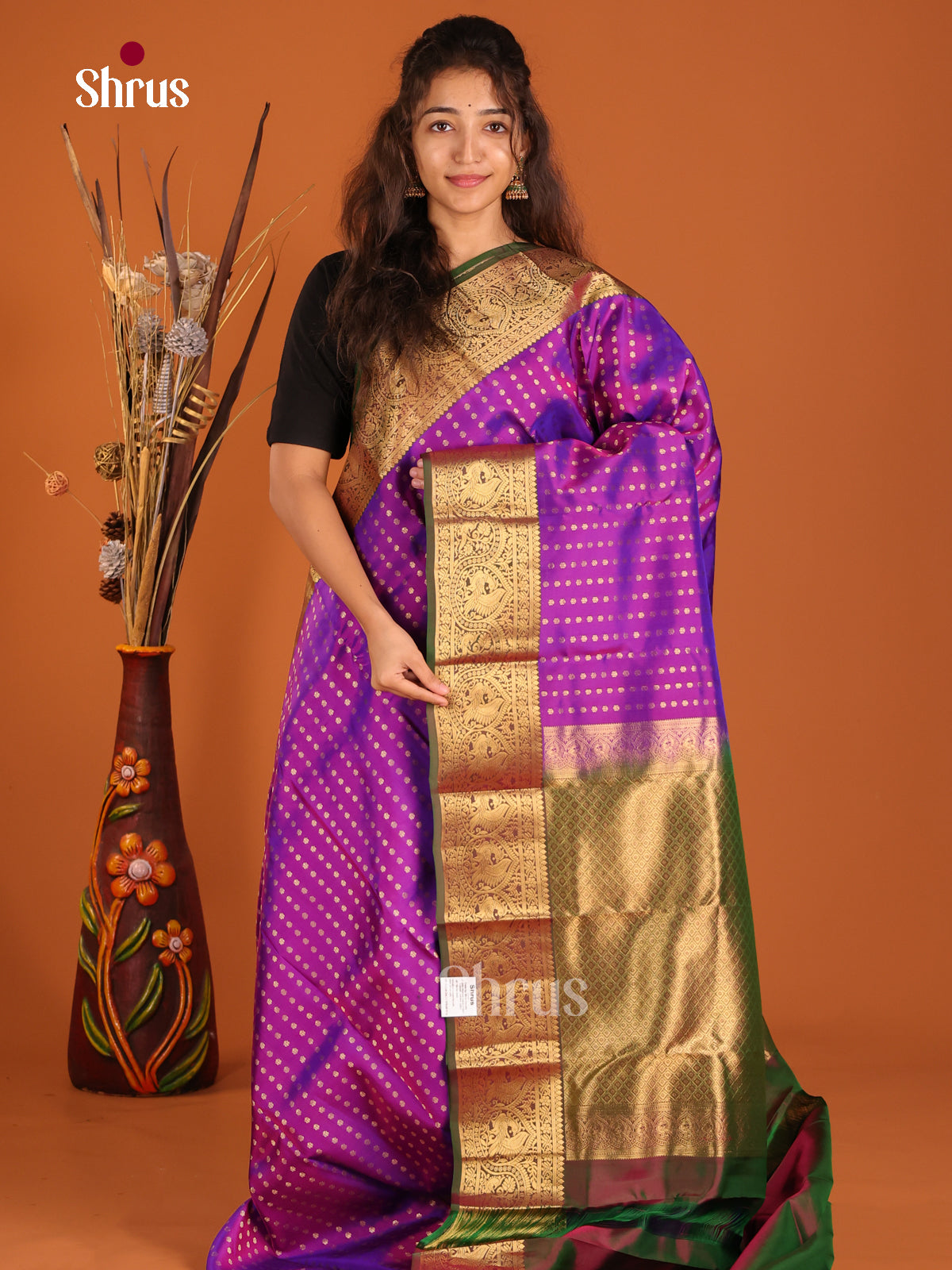 Purple & Green - Kanchipuram-halfpure Saree - Shop on Shrus.com