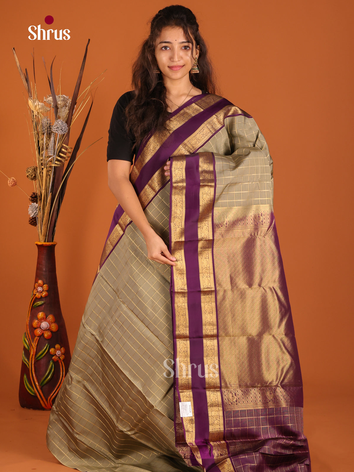 Grey & Violet - Kanchipuram-halfpure Saree - Shop on Shrus.com