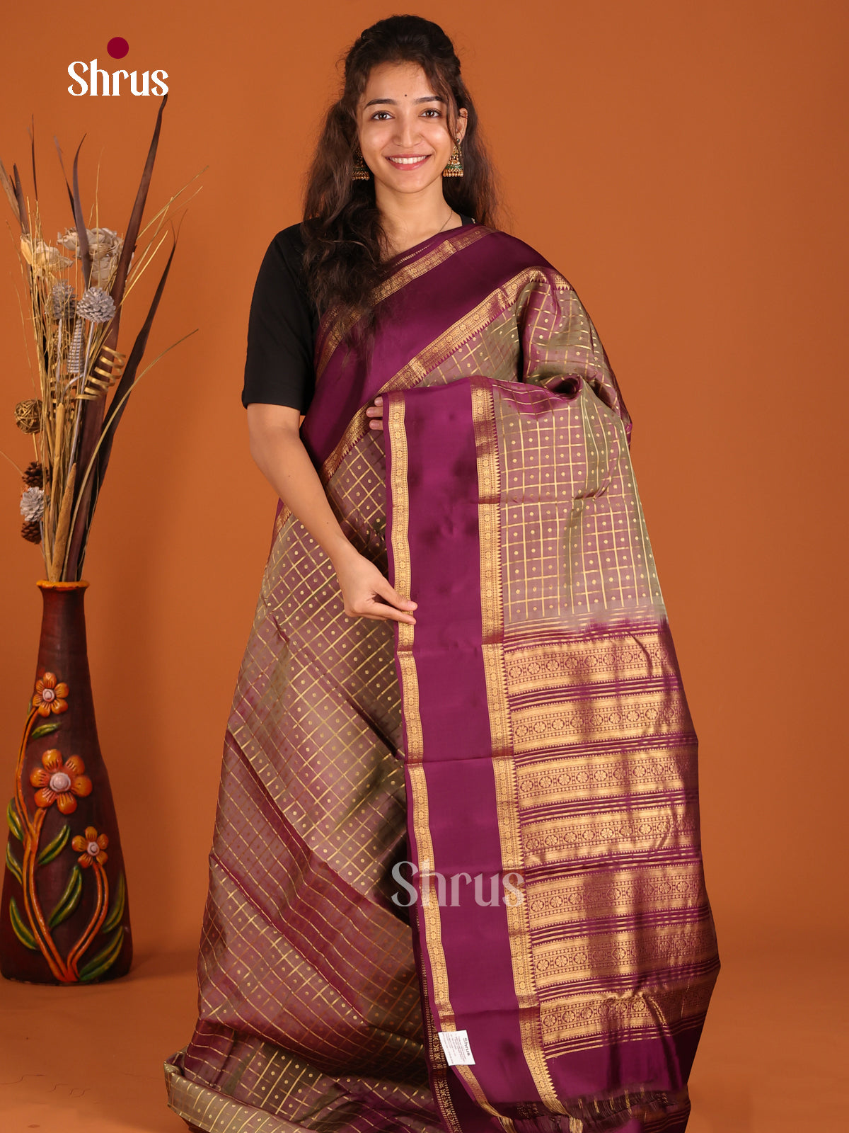 Grey & Purple - Kanchipuram-halfpure Saree - Shop on Shrus.com