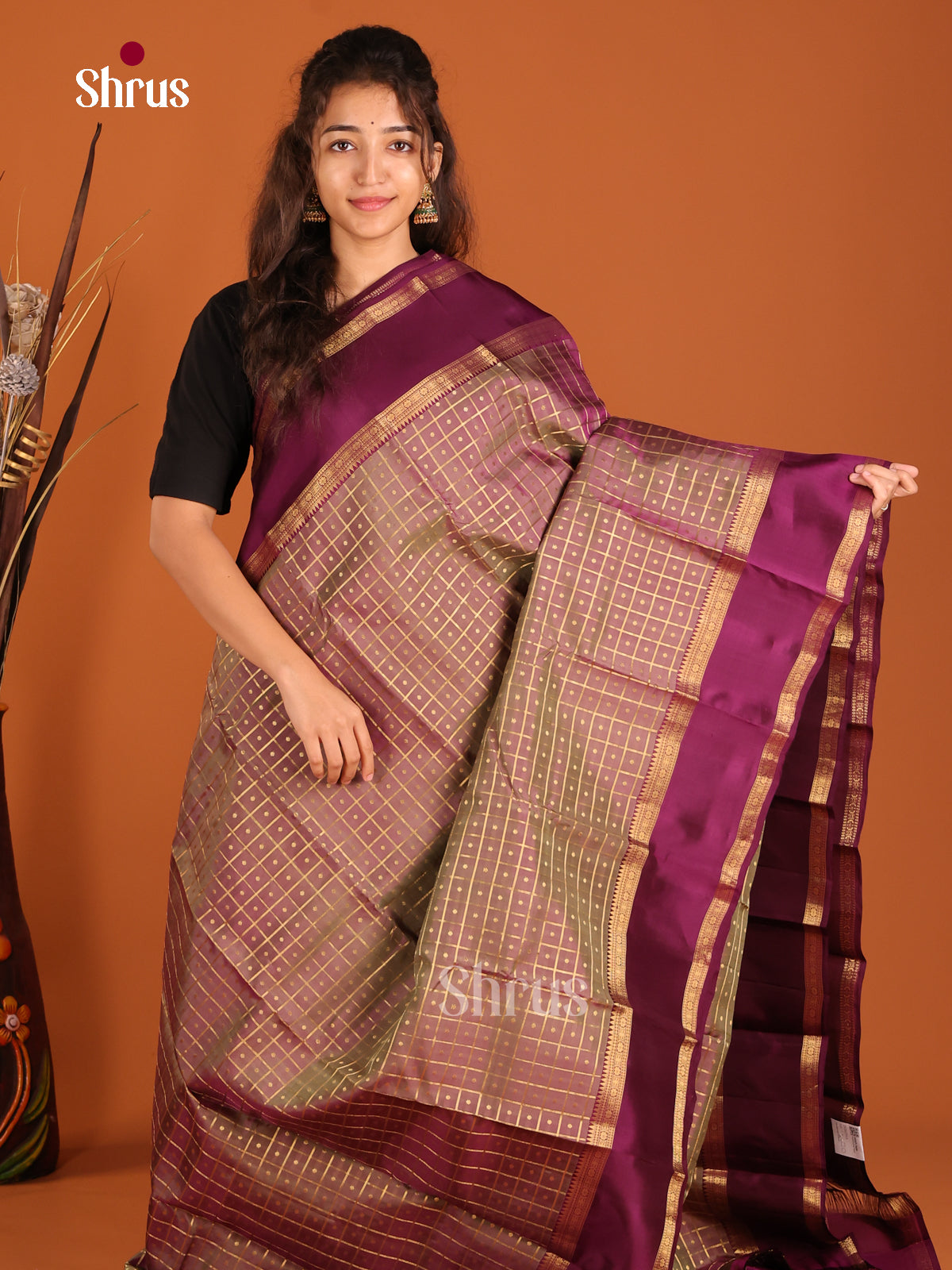 Grey & Purple - Kanchipuram-halfpure Saree - Shop on Shrus.com