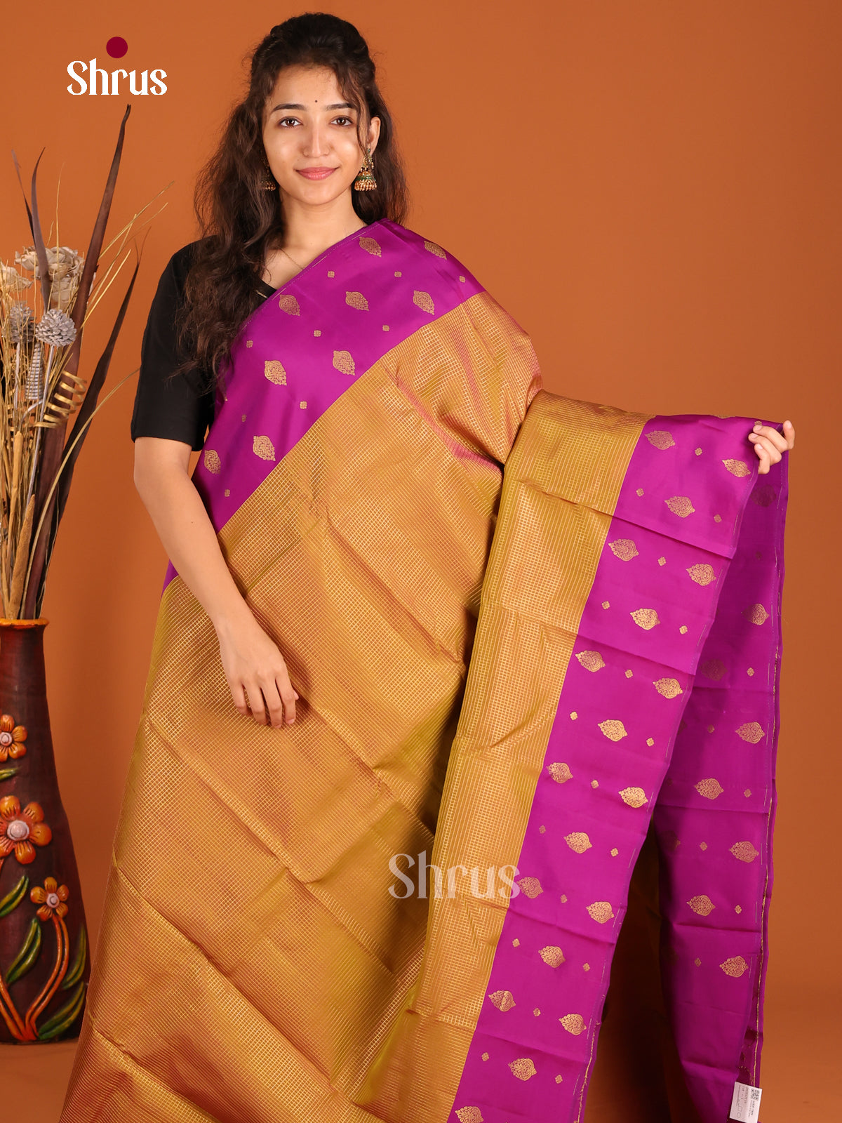 Dark Mustard & Purple- Kanchipuram-halfpure Saree - Shop on Shrus.com