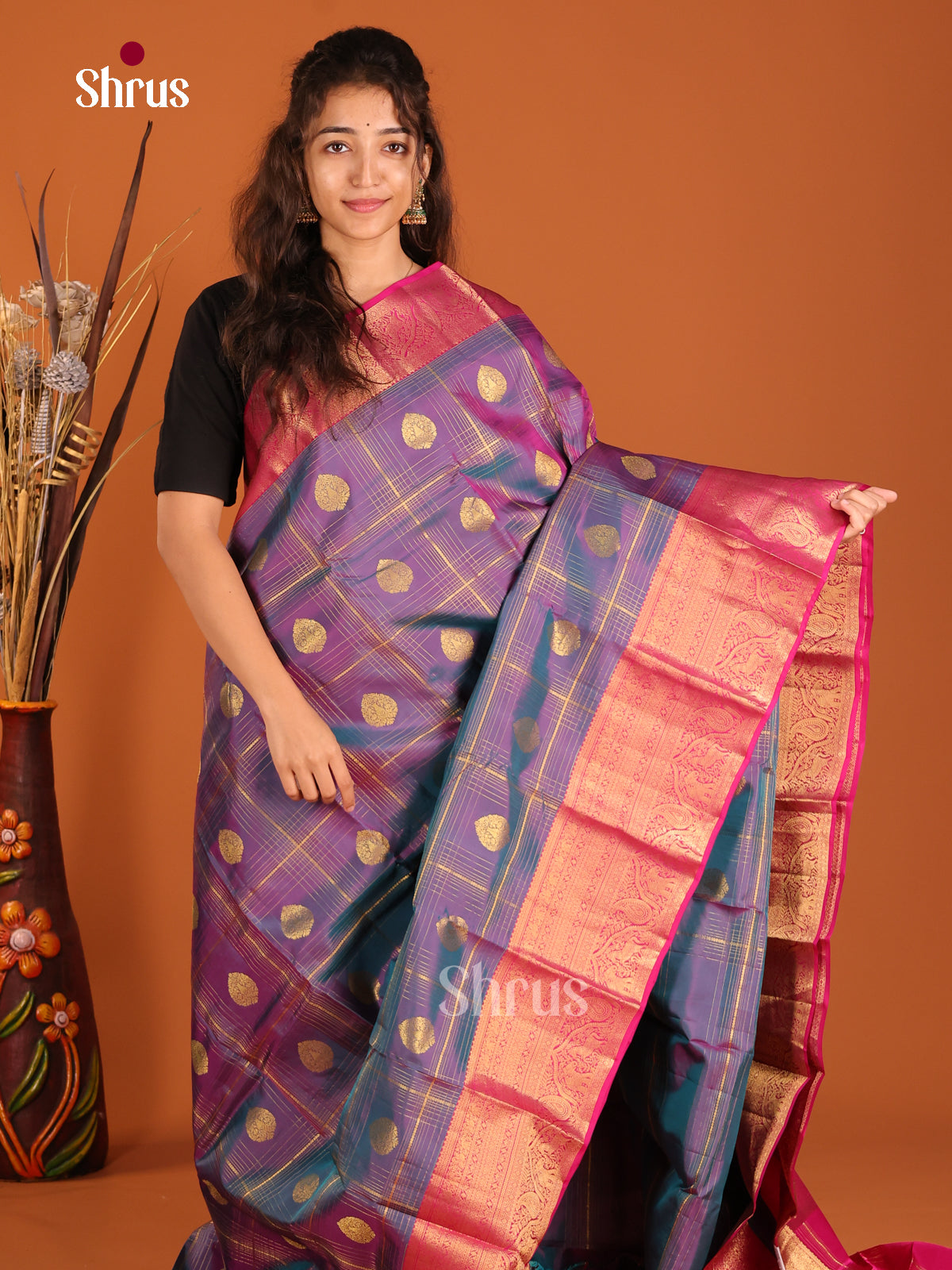 Double Shaded Blue & Pink - Kanchipuram-halfpure Saree - Shop on Shrus.com
