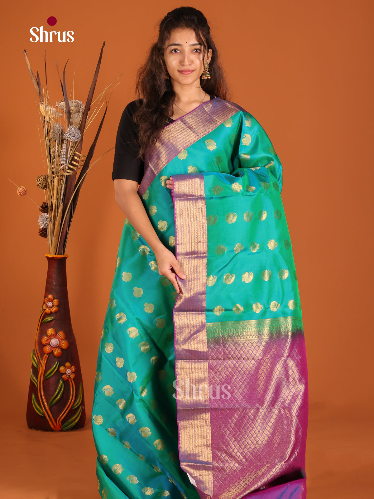 Green & Purple- Kanchipuram-halfpure Saree - Shop on Shrus.com