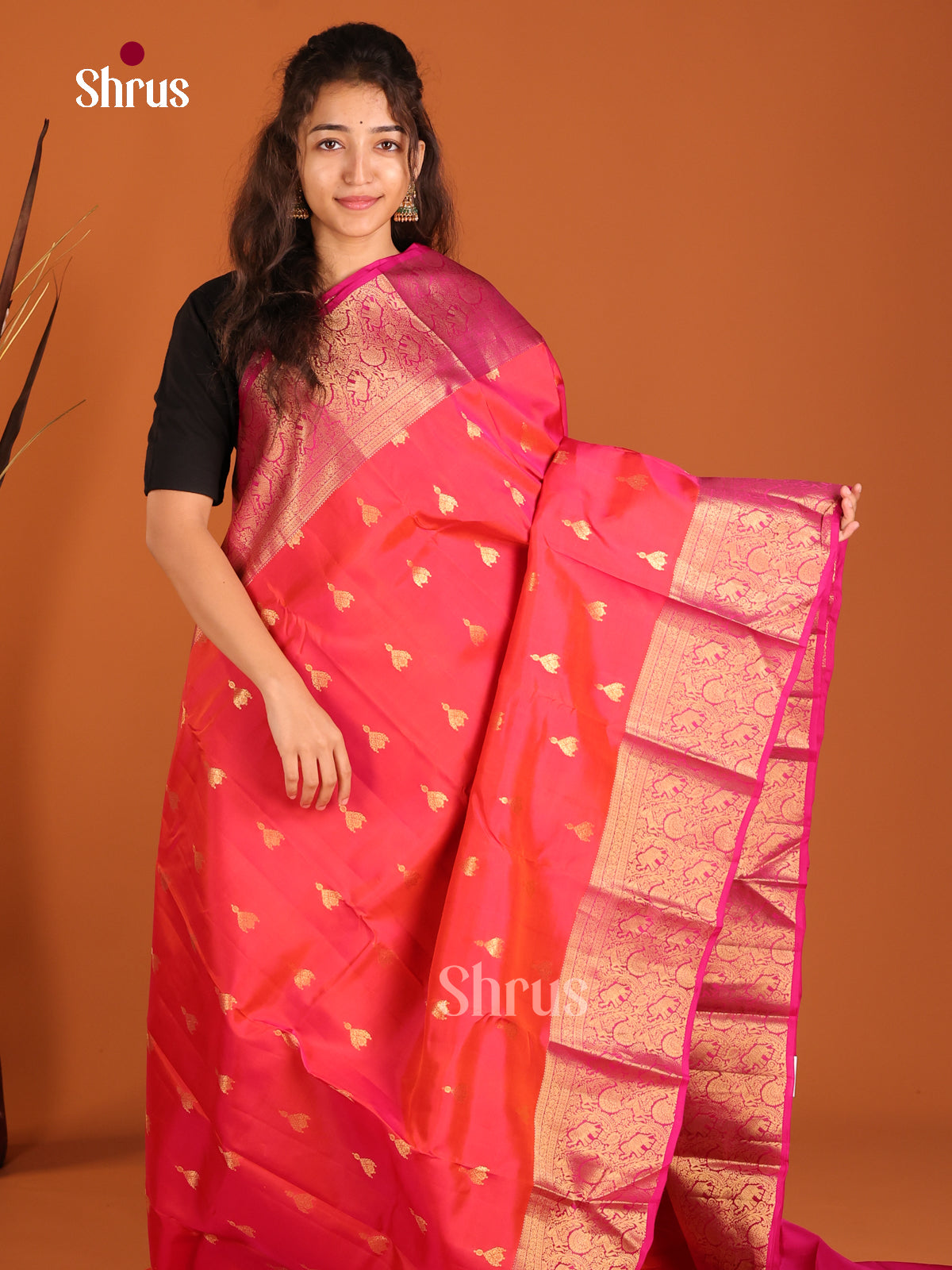 Orange & Pink - Kanchipuram-halfpure Saree - Shop on Shrus.com