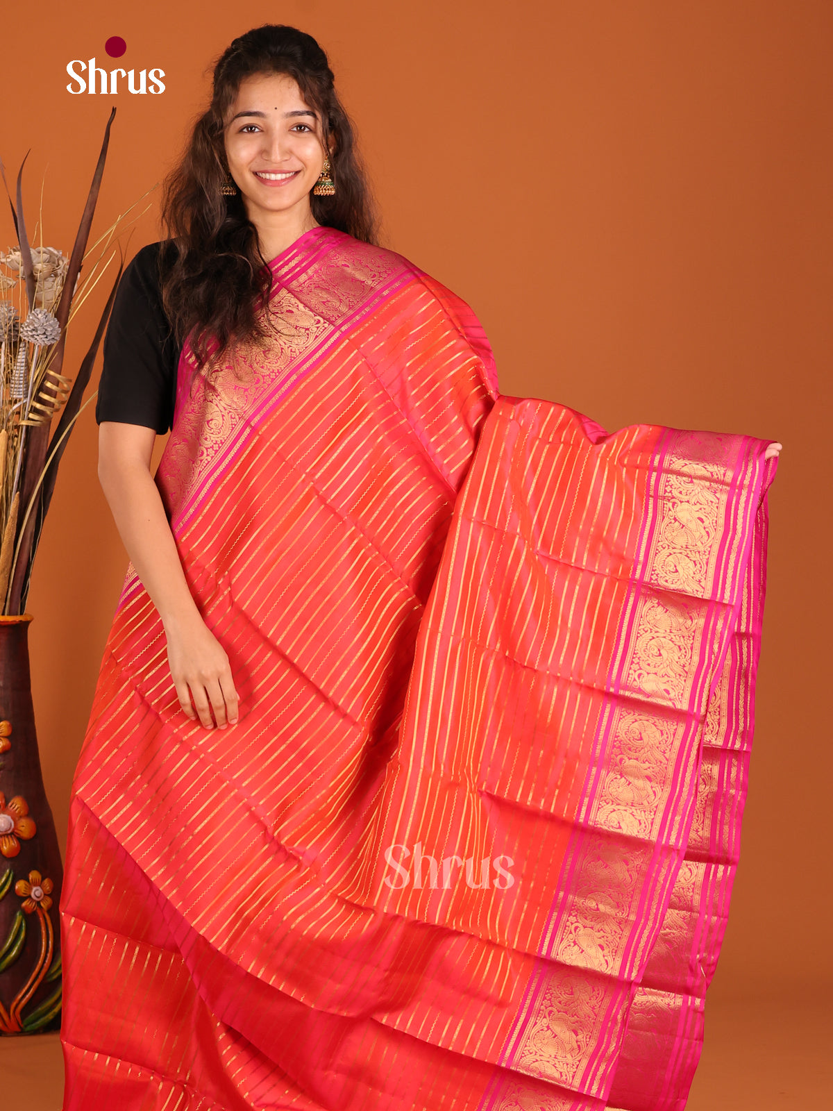 Orange & Pink - Kanchipuram-halfpure Saree - Shop on Shrus.com