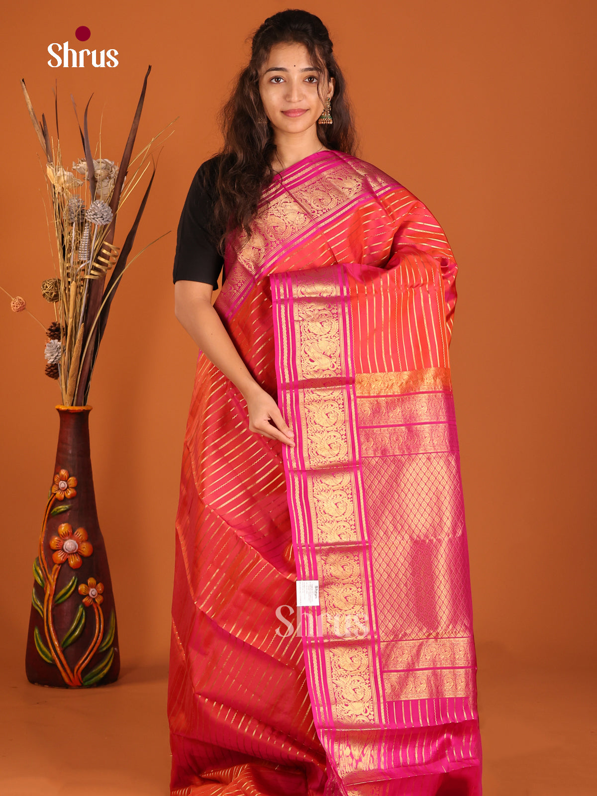 Orange & Pink - Kanchipuram-halfpure Saree - Shop on Shrus.com