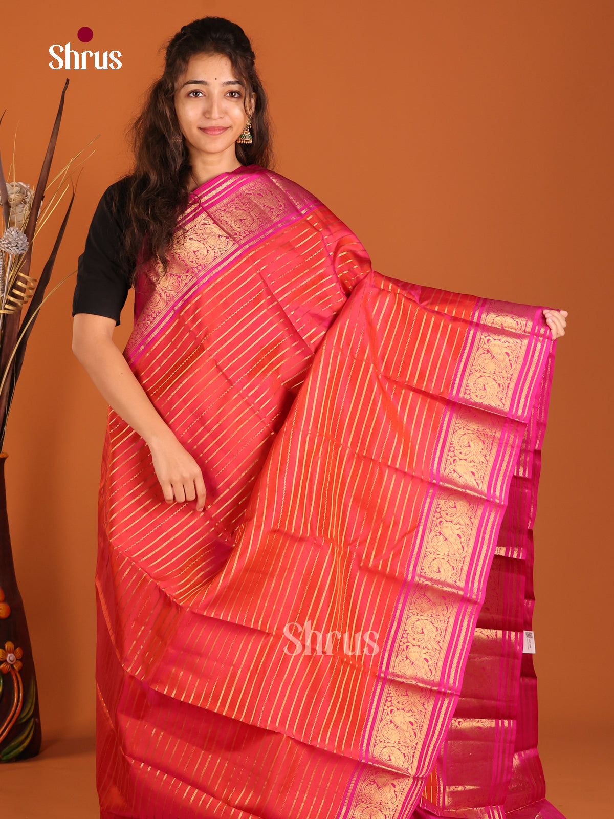 Orange & Pink - Kanchipuram-halfpure Saree - Shop on Shrus.com