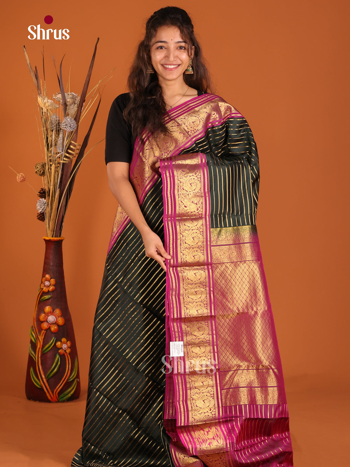Dark Green & Purple- Kanchipuram-halfpure Saree - Shop on Shrus.com