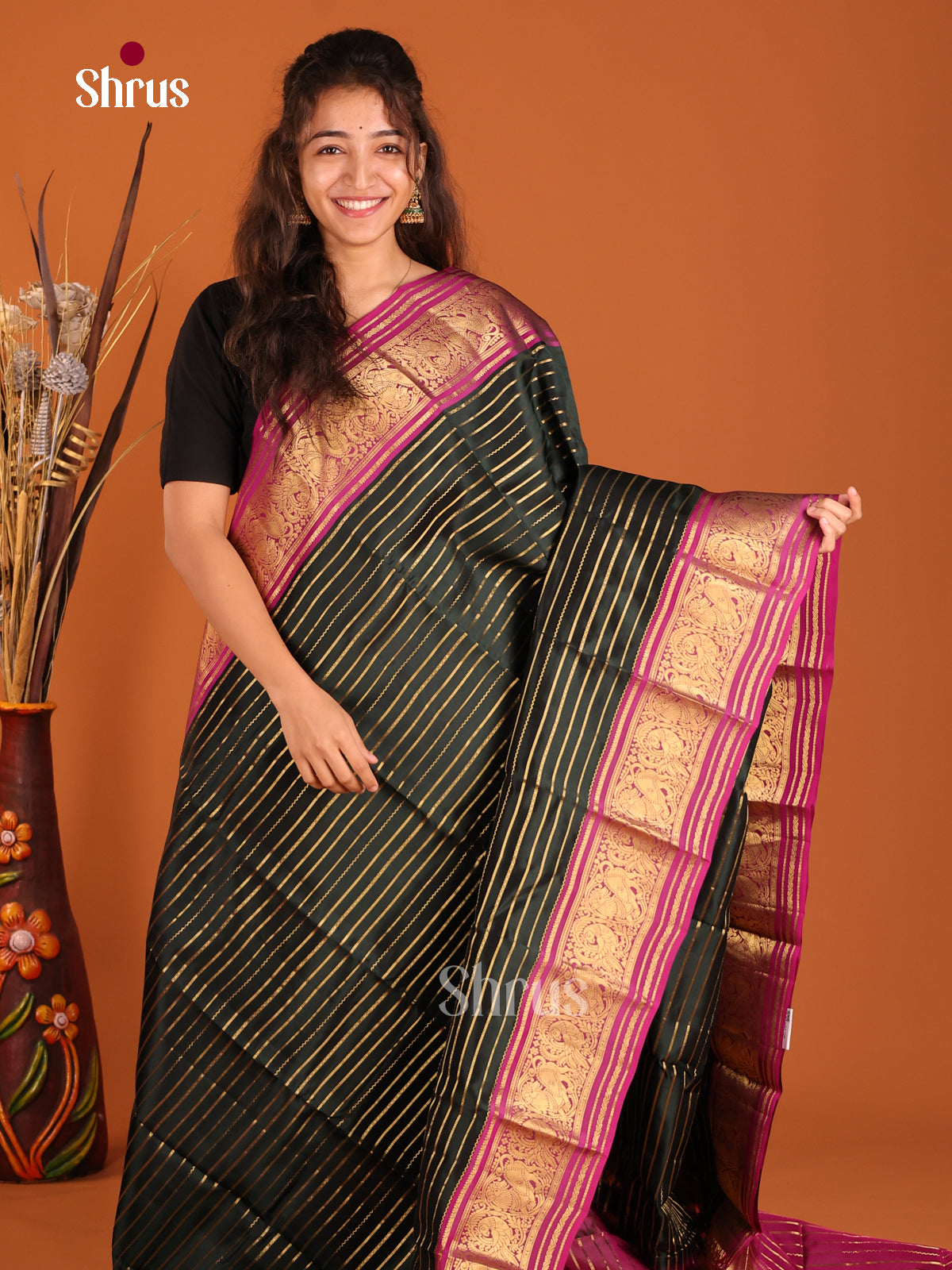 Dark Green & Purple- Kanchipuram-halfpure Saree - Shop on Shrus.com