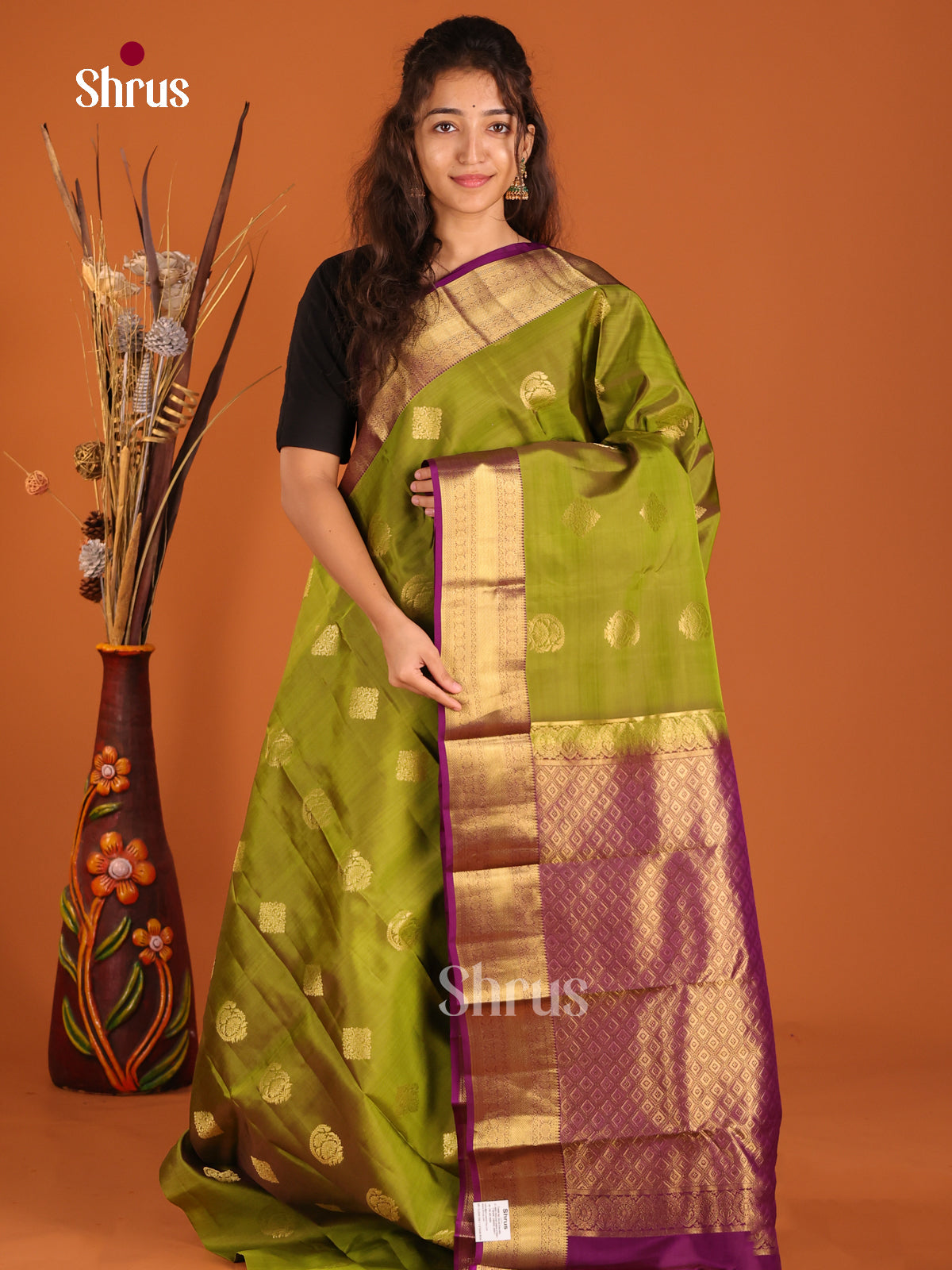 Mehandi Green & Purple - Kanchipuram-halfpure Saree - Shop on Shrus.com