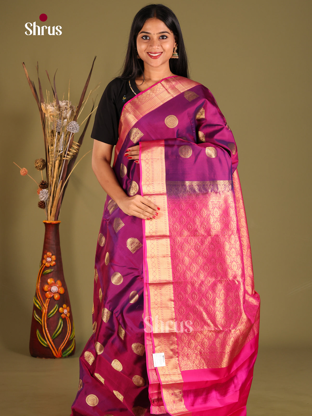 Purple & Pink - Kanchipuram-halfpure Saree - Shop on Shrus.com