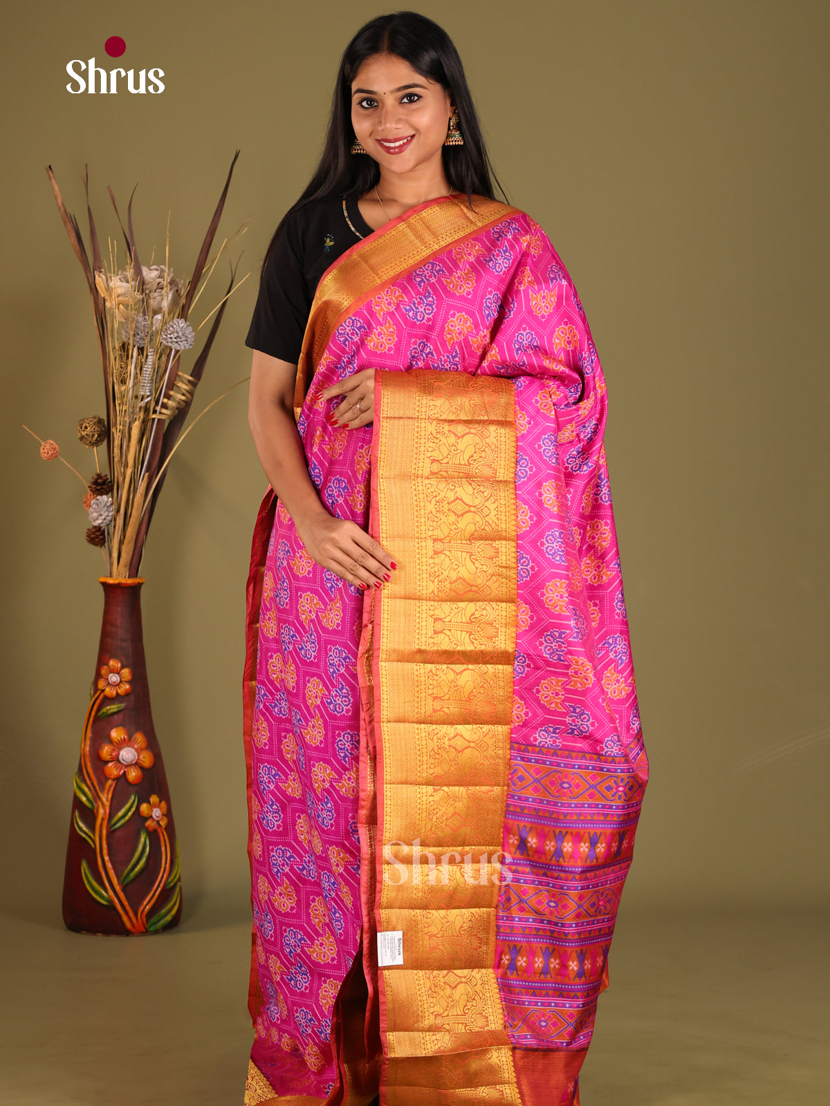 Rani Pink & Brick - Semi Patola Saree - Shop on Shrus.com