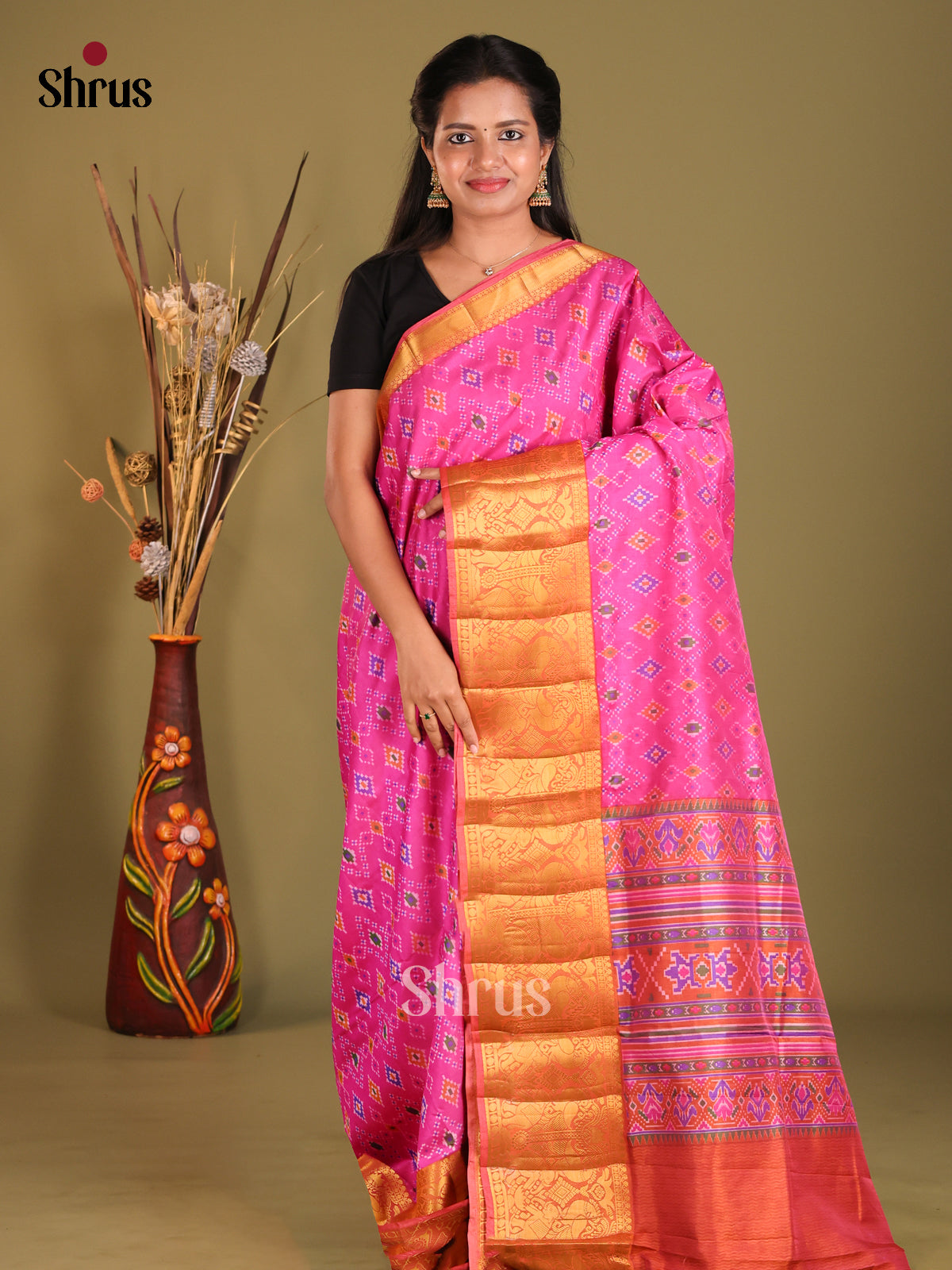Pink & Brick - Semi Patola Saree - Shop on Shrus.com