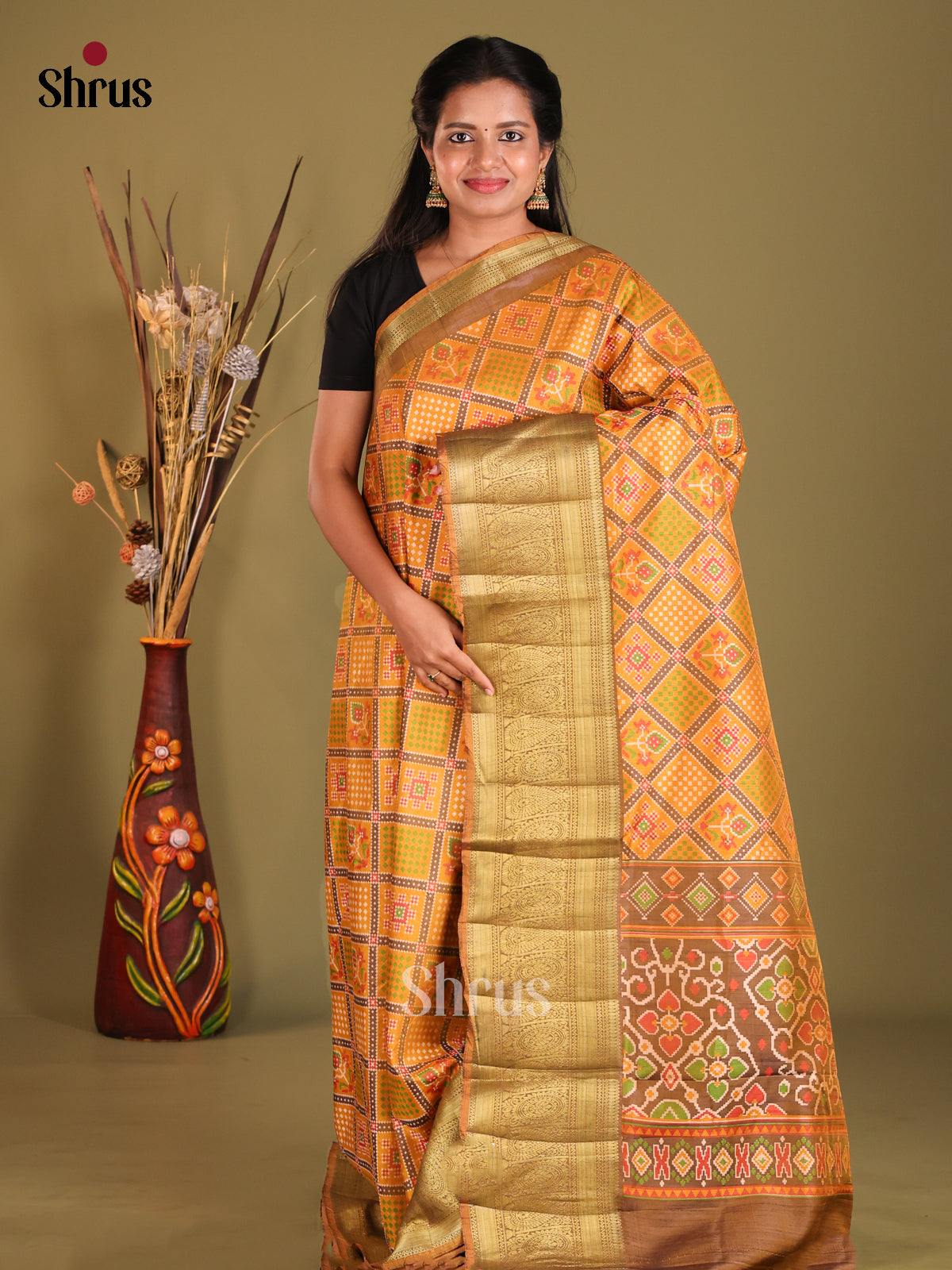 Peach & Brown - Semi Patola Saree