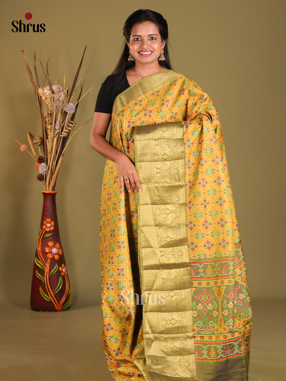 Yellow & Green - Semi Patola Saree