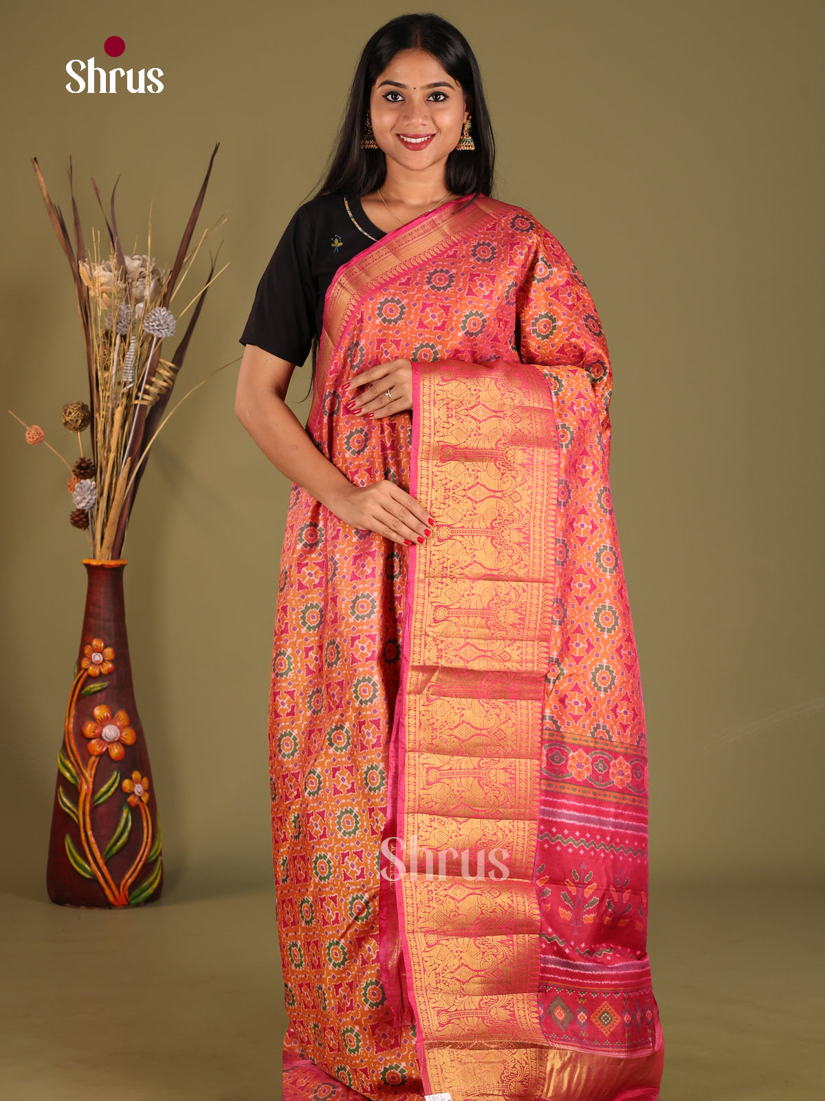 Orange & Pink - Semi Patola Saree - Shop on Shrus.com