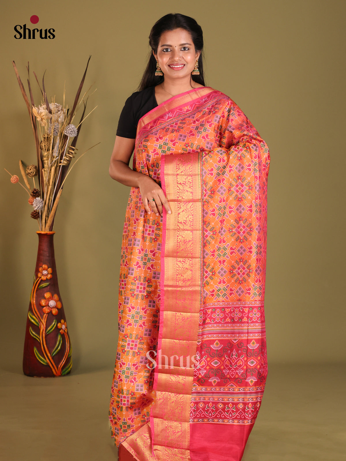 Orange & Pink - Semi Patola Saree - Shop on Shrus.com