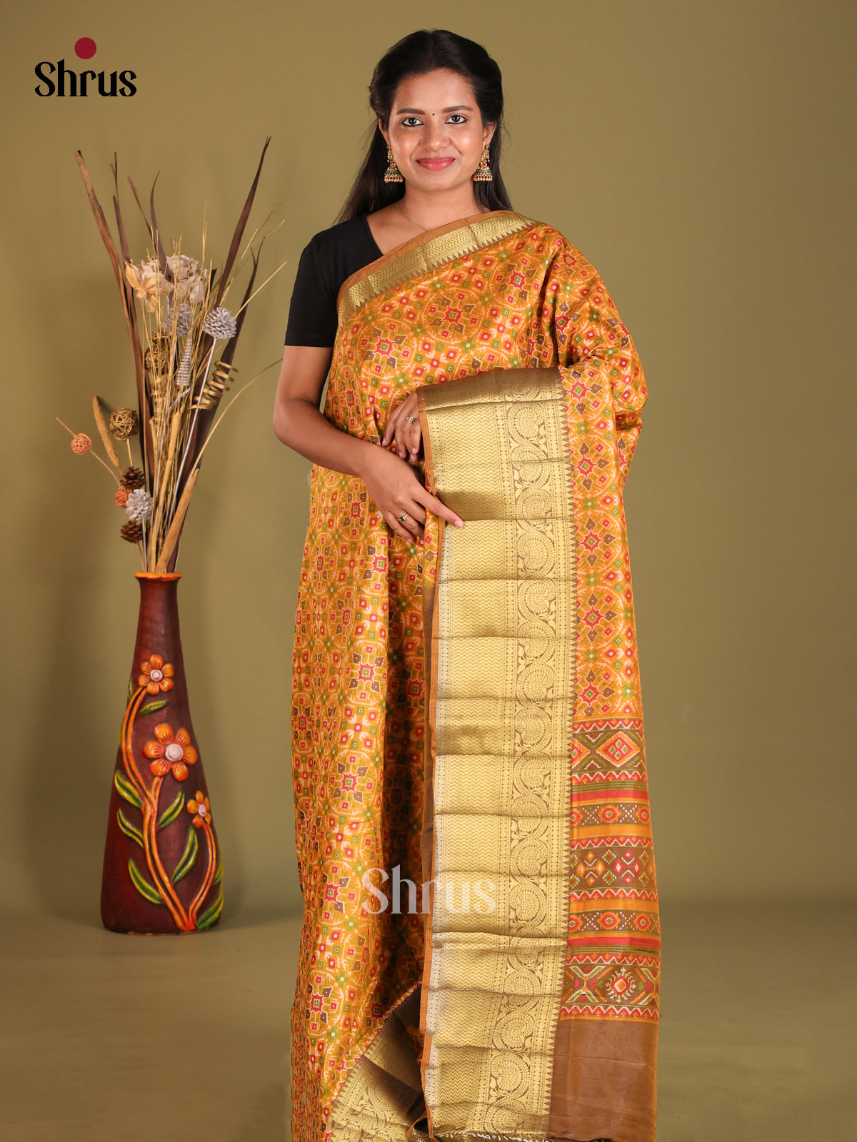 Mustard & Brown- Semi Patola Saree