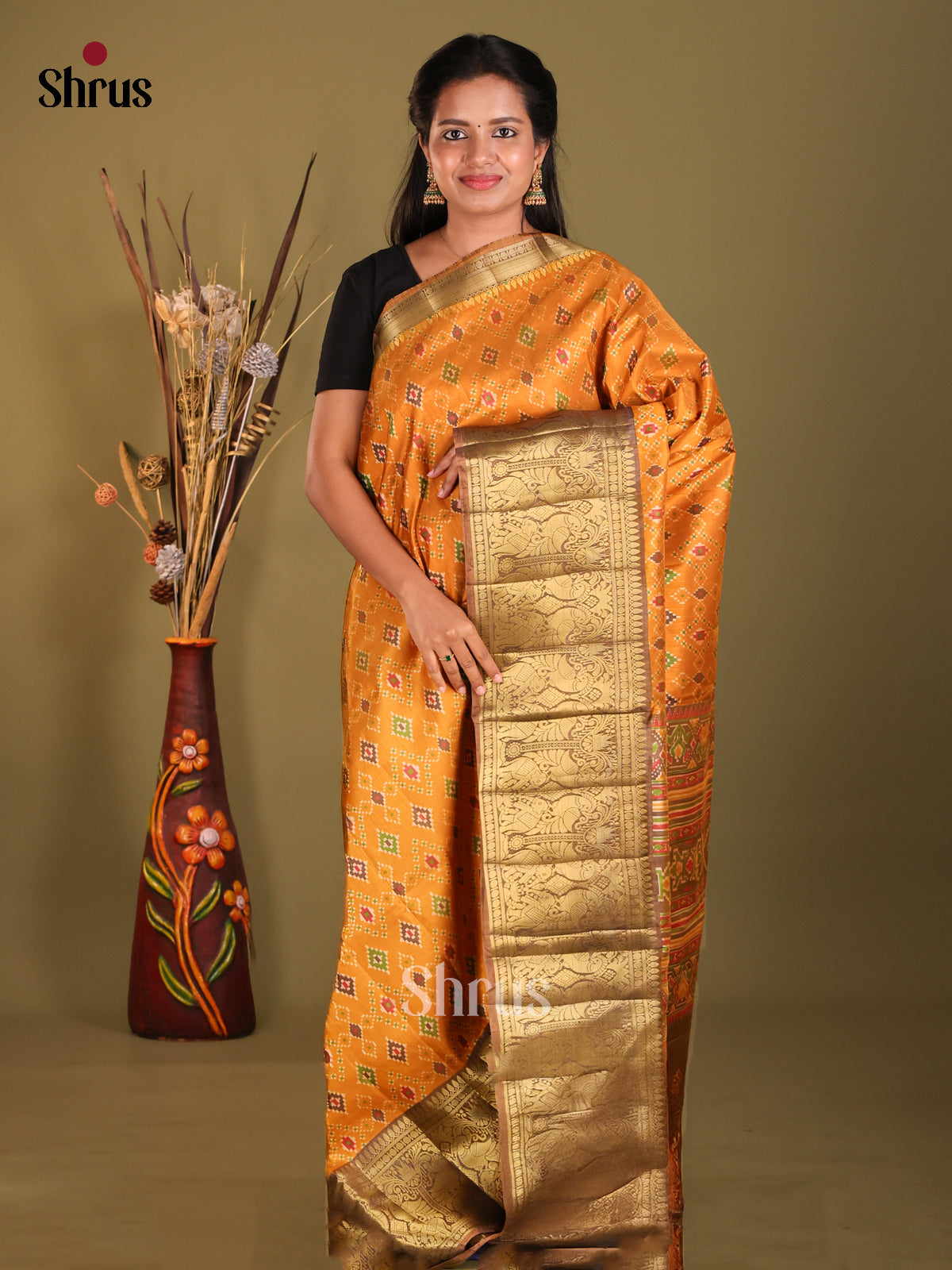 Mustard & Brown - Semi Patola Saree