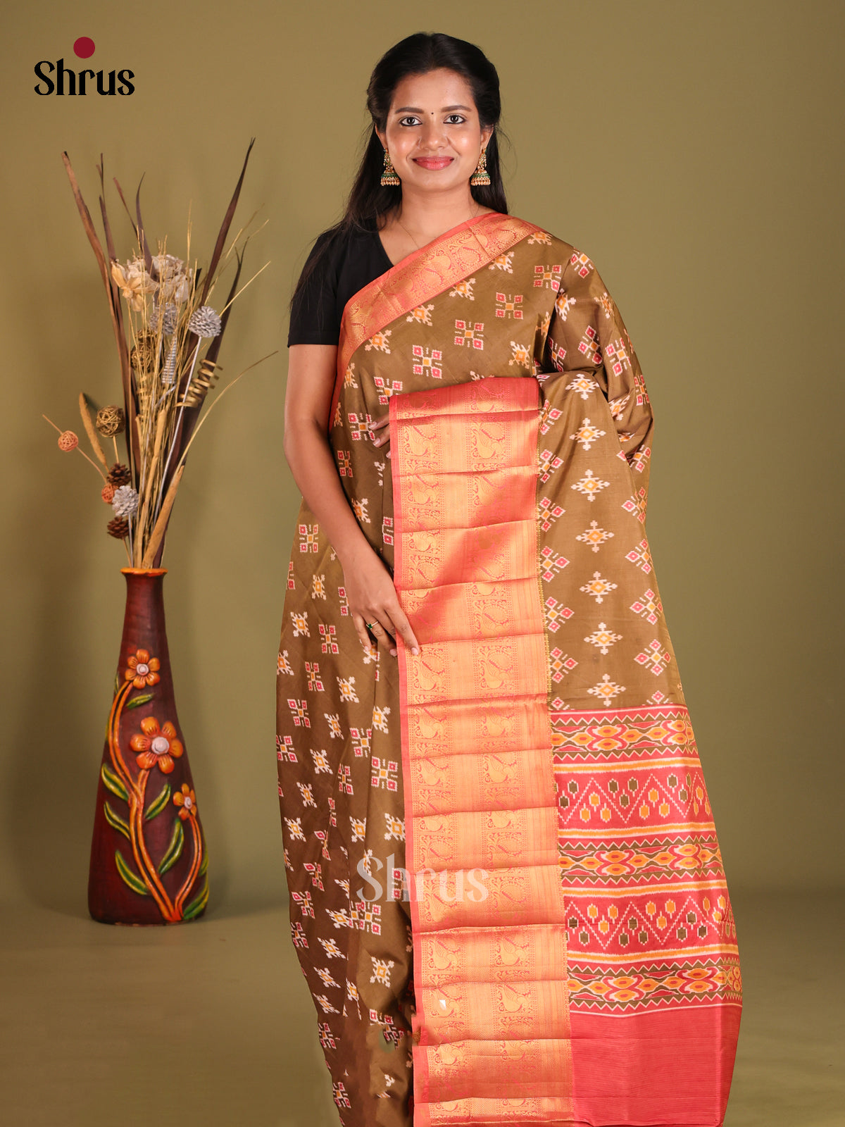 Chutney Green & Brick- Semi Patola Saree