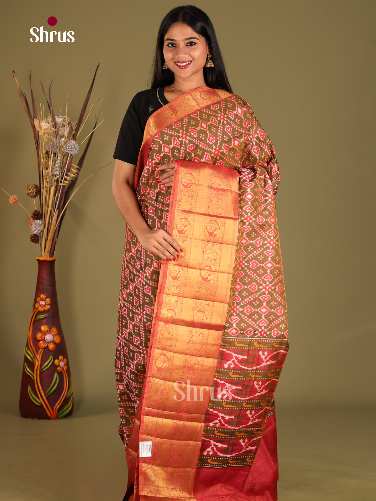 Army Green & Brick - Semi Patola Saree